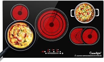 36 Inch Electric Cooktop 5 Burner, Built-In Ceramic Glass Cooktop 220-240V Hardwired, 9200W Radiant Electric Stove Top with Touch Control, 9 Heat Levels, Timer, Safety Lock, Works with All Cookware