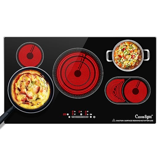 36 Inch Electric Cooktop 5 Burner, Built-In Ceramic Glass Cooktop 220-240V Hardwired, 9200W Radiant Electric Stove Top with Touch Control, 9 Heat Levels, Timer, Safety Lock, Works with All Cookware