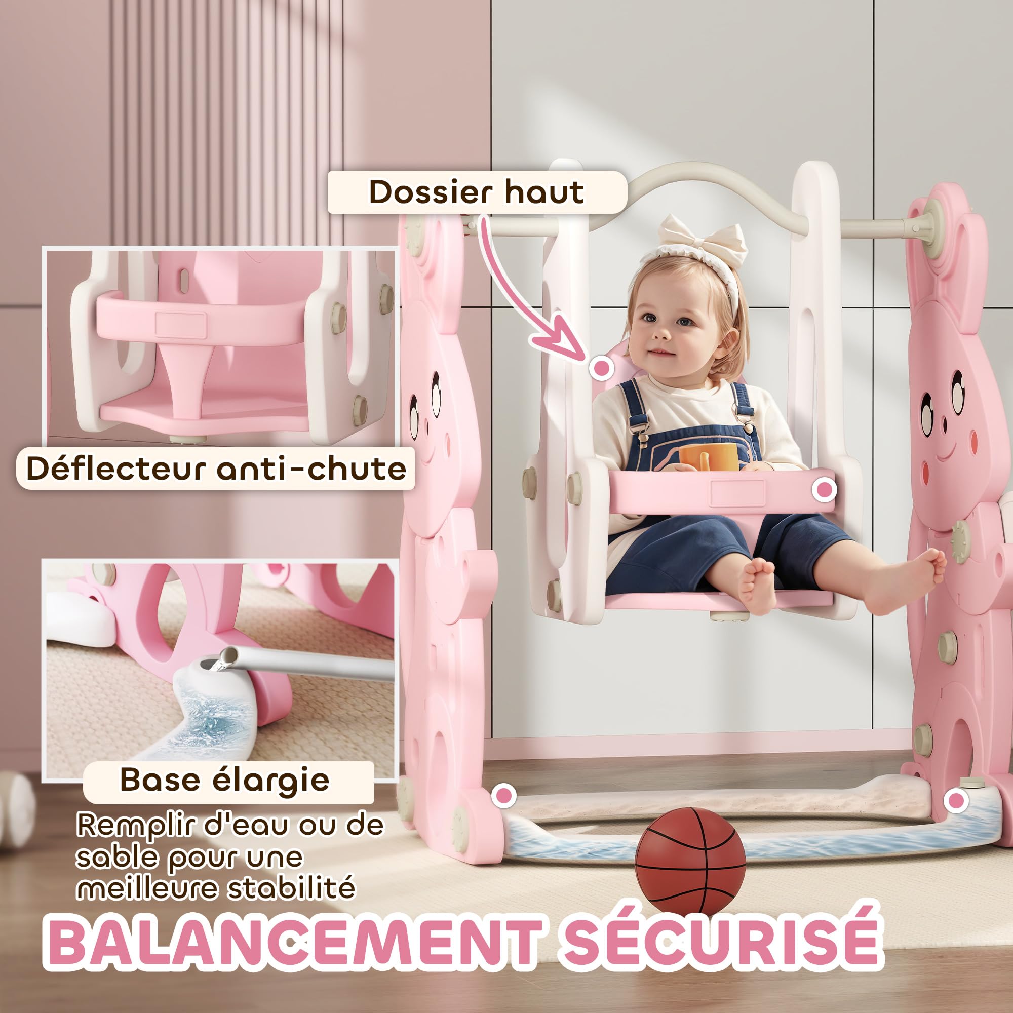 AIYAPLAY Toboggan et Balançoire pour Enfants 4 en 1 1,5 à 4 Ans Rose | Aire de Jeux Tout-Petits avec Escalade, Panier de Basket, Motif Lapin, pour l'Intérieur et l'Extérieur
