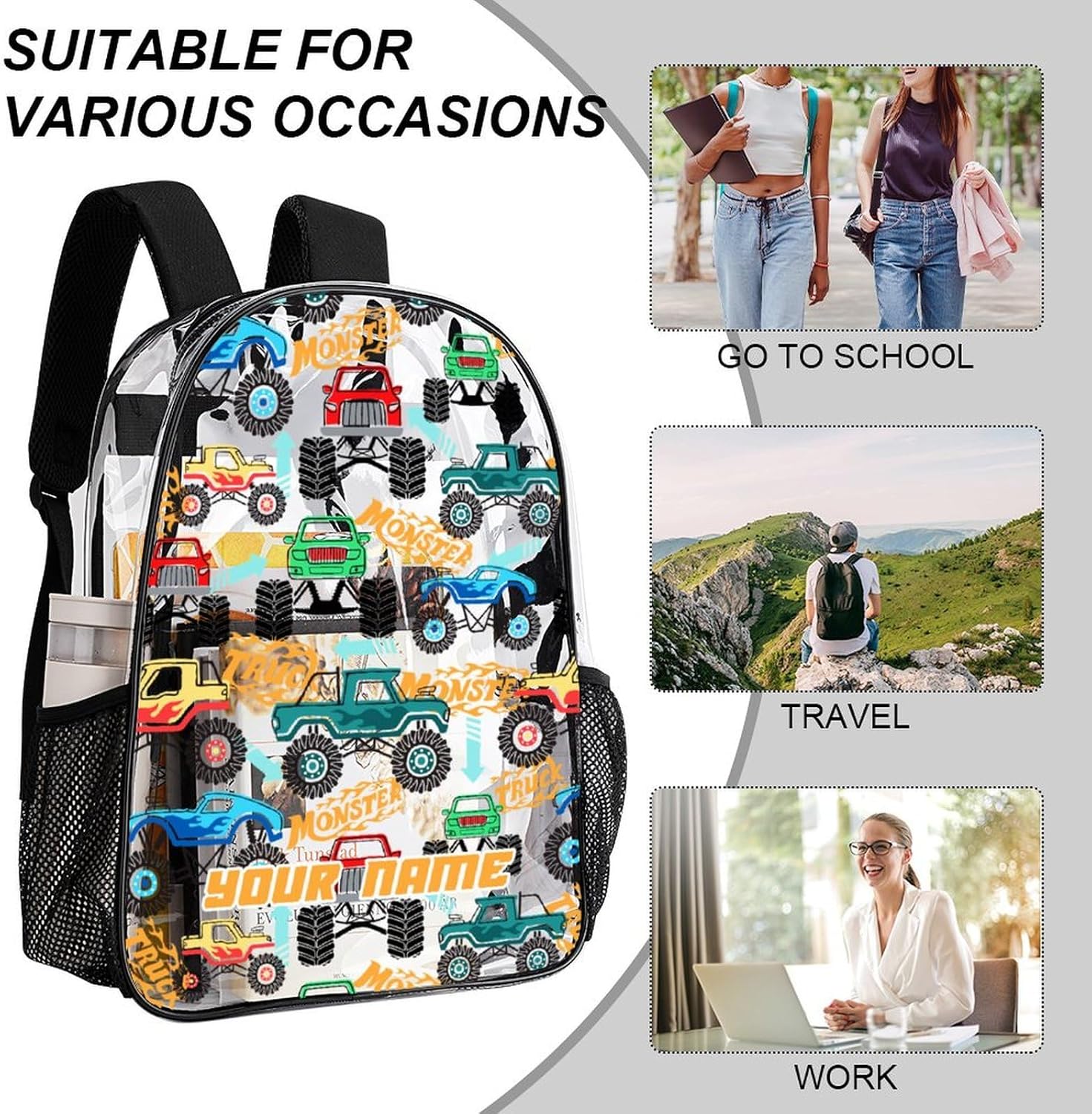 Custom Truck Clear Backpack Heavy Duty for Girls Kids Boys Women Men - Large Cute PVC Trucks Theme Printing Transparent Backpacks for Schools Stadium Concerts Work - Clear/Black
