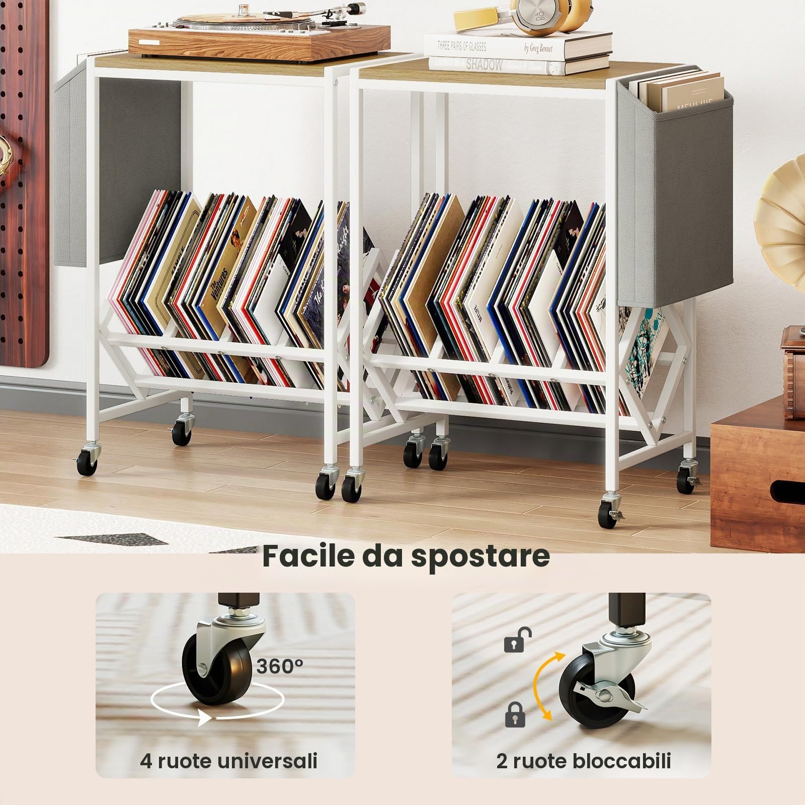 KOMFOTTEU Supporto per Giradischi con Ruote, Mobile Vinili con Sacchetto di Stoffa e Ripiano, Espositore per Dischi per Presentazioni in Metallo per Ufficio, Soggiorno, Camera da Letto (Naturale)