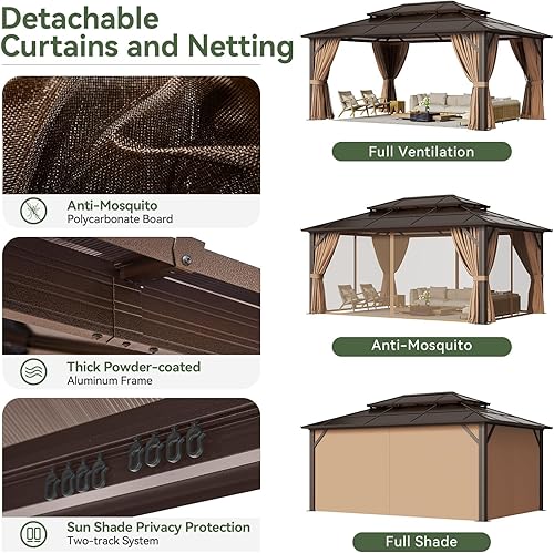 Vista 71 de Aoxun - Gazebo con techo rígido para jardines, patios con cemento o césped, pabellón permanente de policarbonato con doble techo, marco de aluminio