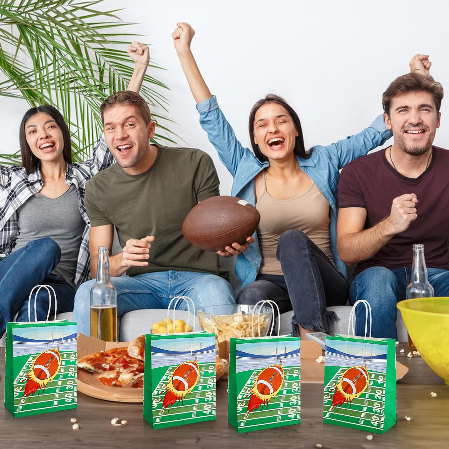 Acshio 50 Pieces Football Gift Bags, Paper Football Party Favor Goodie Bags with Handle, Sports Game Theme Rugby Candy Handbag Snack Bag Bulk for Party Gift, Treats - Image 6