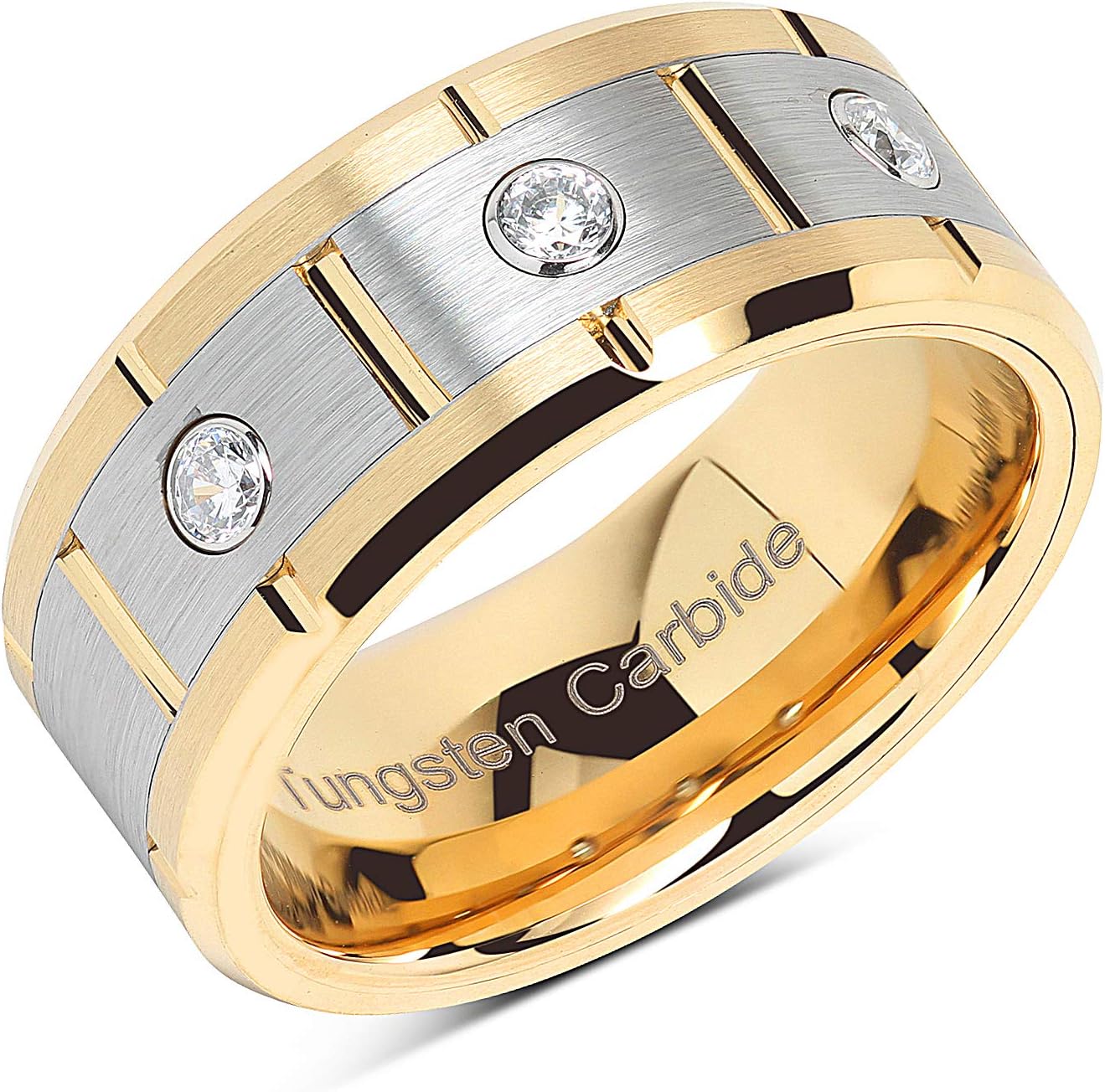 100S JEWELRY Tungsten Rings For Men Women 14k Gold & Silver Center Brushed CZ Inlaid Grooved Size 8-16