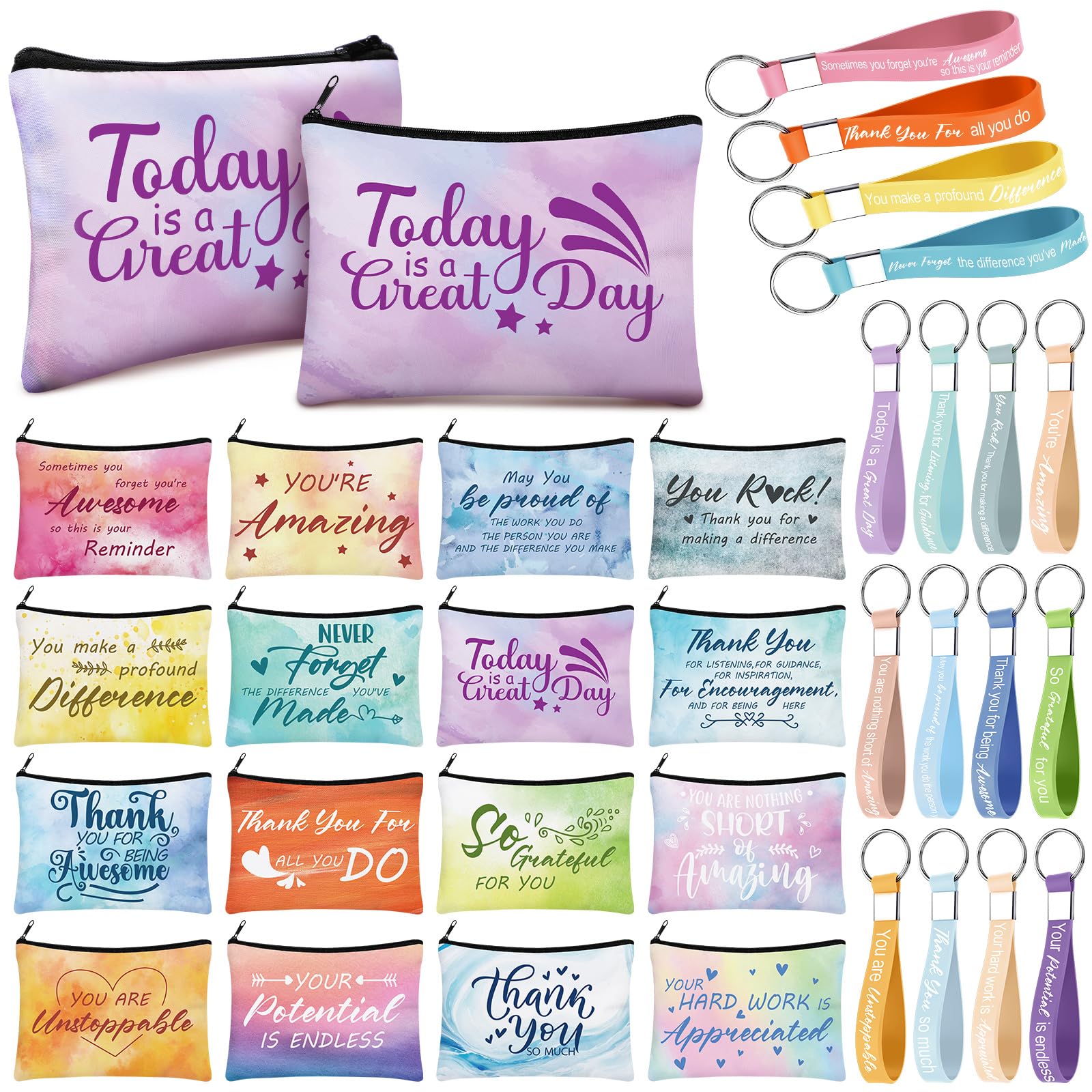 Hillban 32 Pcs Canvas Cosmetic Makeup Bag Women Christmas Inspirational Gifts Travel Toiletry Makeup Bag Pouch with Inspirational Keychains for