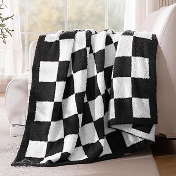 Exclusivo Mezcla Checkered Knit Throw Blanket for Couch, Black