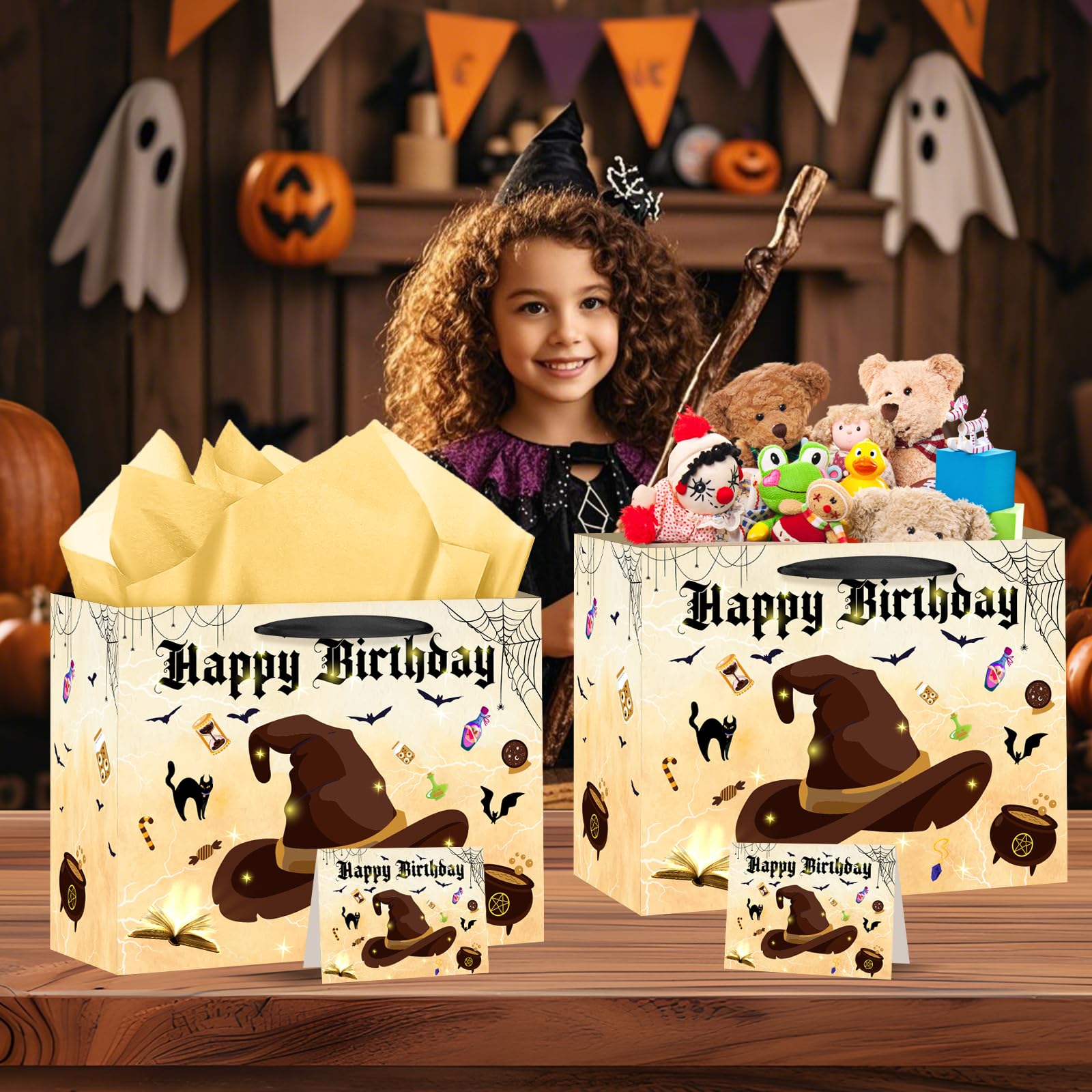 LUUFILx Wizard Birthday Gift Bag Wizard Hat Birthday Party Favors with Wrapping Paper Card Wizard School Gift Wrap Bag for Girls Boys Halloween Wizard Party Decorations Party Supplies (Yellow)