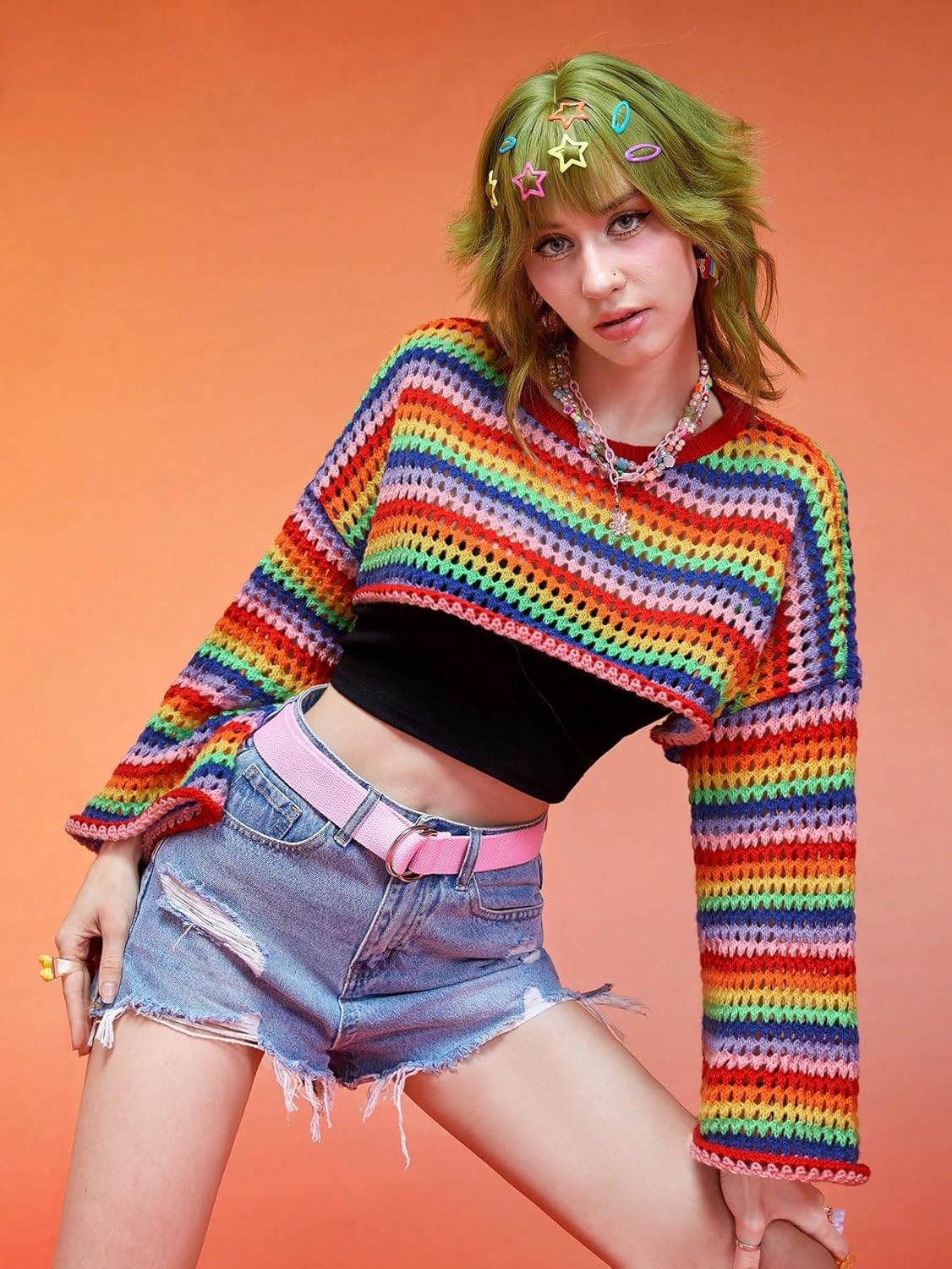Women's Sweater Rainbow Striped Pattern Drop Shoulder Crop Sweater Sweater for Women (Color : Multicolor, Size : Large)
