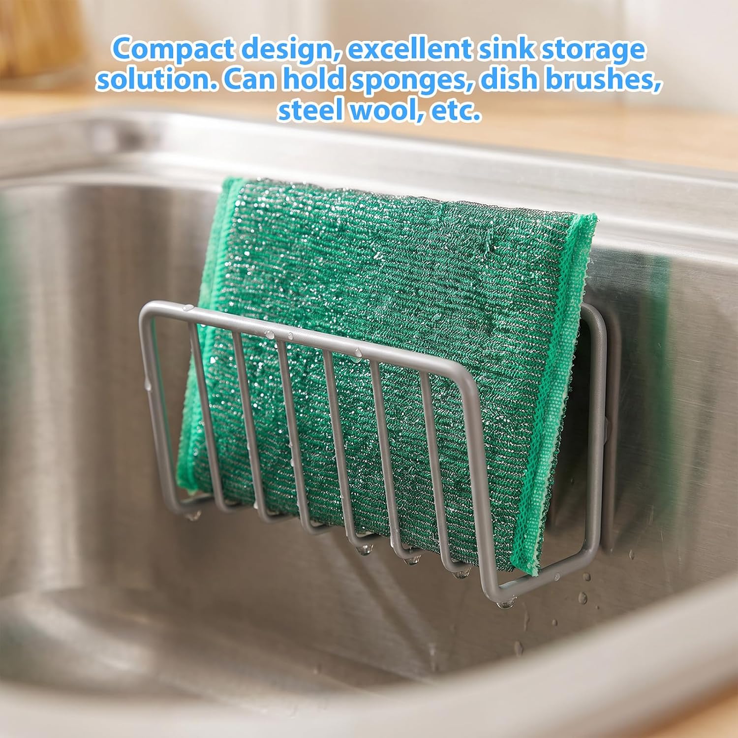 Sponge Holder for Kitchen Sink, Sink Caddy Organizer with Suction Cups Stainless Steel No Drilling Wall Mounted Suction Cup Sponge Rack with Strong Suctions Cup for Sponges, Scrubber & Brush –Silver