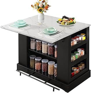 FUSUNBAO Large Kitchen Island with Storage & Power Outlet, Drawer, Adjustable Shelves, Side Open Compartments, and Drop Leaf,Island Table for Kitchen with Footrest,Black