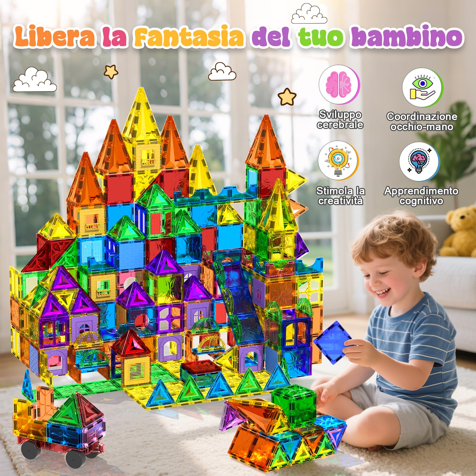 Magneverse Blocchi Magnetici 123 Pezzi - Costruzioni Magnetiche per Bambini 3 4 5 6 7 8 9 Anni, Piastrelle Magnetiche STEM Giocattolo Educativo Creativo, Regalo per Ragazze e Ragazzi
