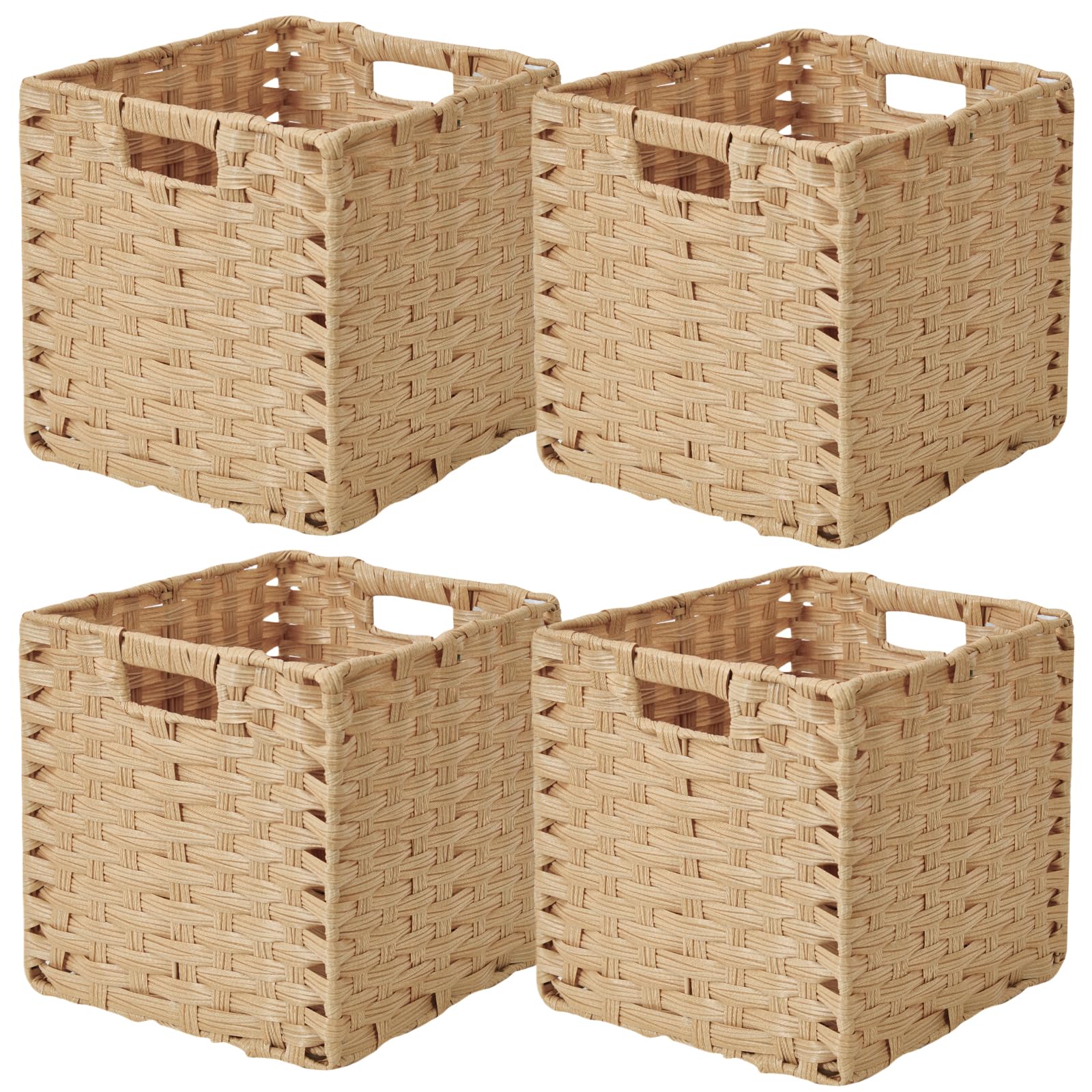 Sagittar Lot de 4 paniers pliables tressés en imitation rotin - 28 x 28 x 28 cm - Pour garde-manger, armoire, panier d'étagère cubique - Imperméables - Ne moisissent pas - Couleur naturelle
