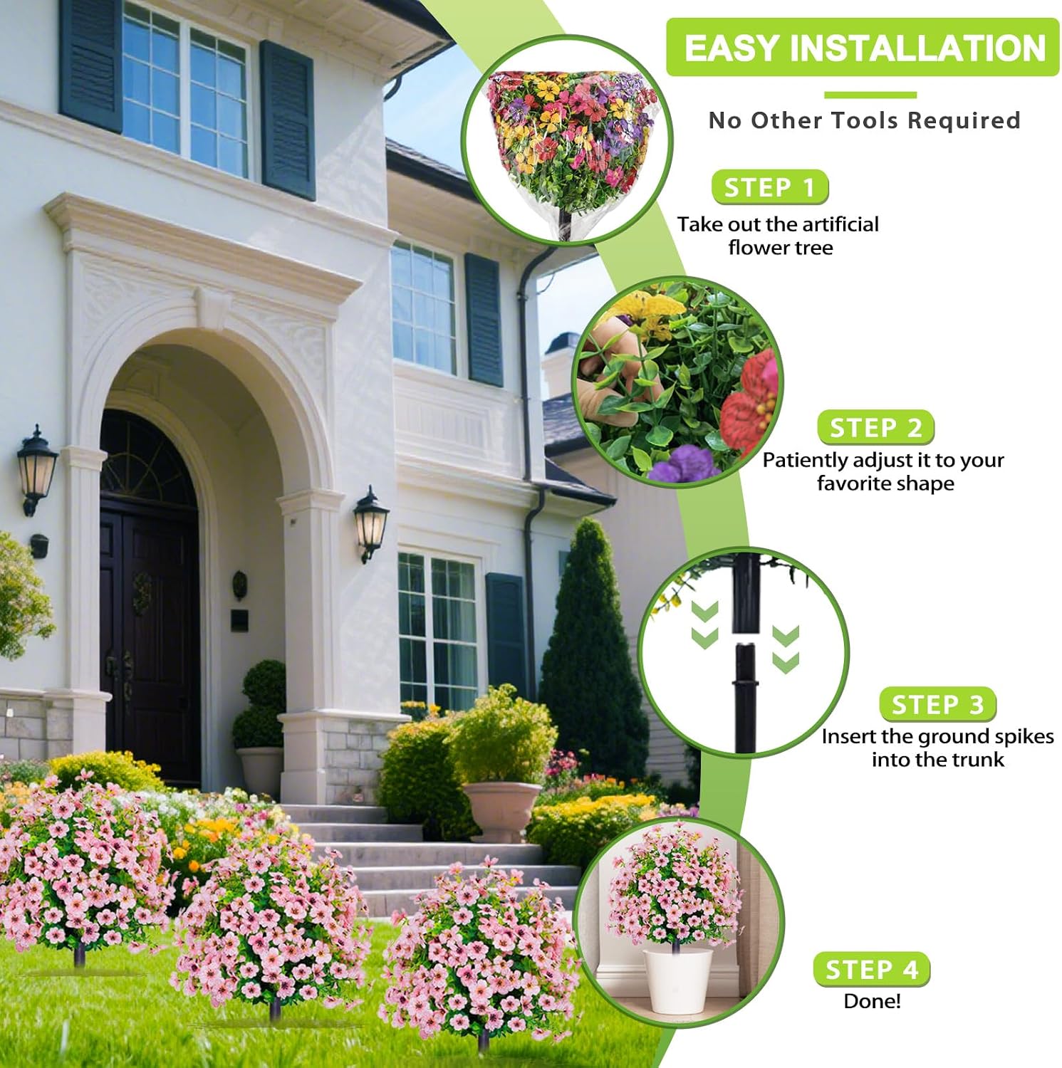 2 Pack Artificial Violet Ball Topiary Trees with Ground Spikes, 23'' UV Resistant Fake Artificial Bushes Plants, Realistic Faux Shrubs Tree for Indoor Outdoor Front Porch Garden Decor, Pink