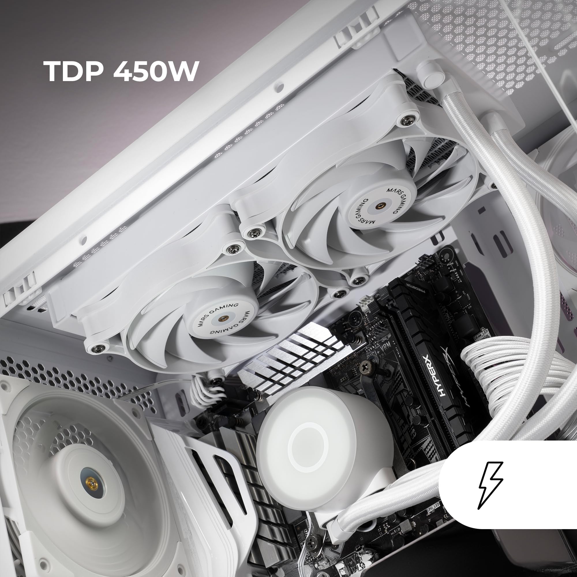 MARSGAMING ML-PRO240, Raffreddamento a Liquido Professionale CPU, TDP 450W, 2 Ventole FDB Ultra-silenziose, Pompa Opti-Chamber con Anello di Illuminazione Bianco, Multisocket Universale, Bianco