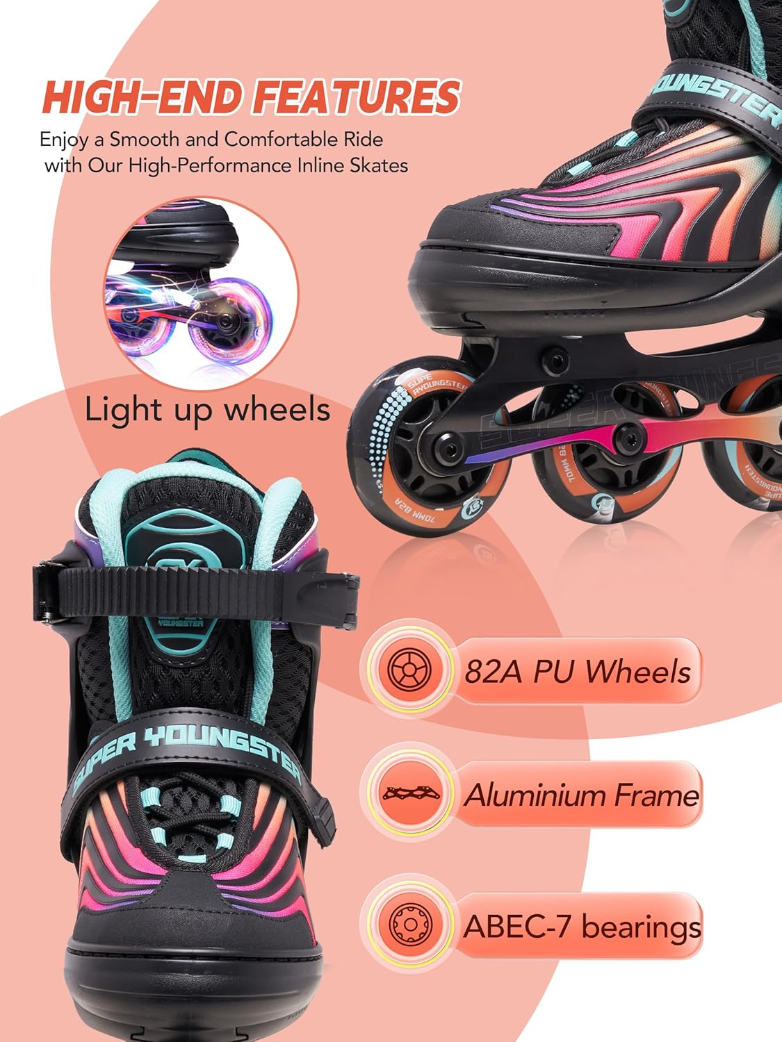 Girls Inline Skates for Boys Kids Ages 4-12, Adjustable Light Up Roller Skates for Youth Teens Ages 8-12, Beginner Blades for Women Adults