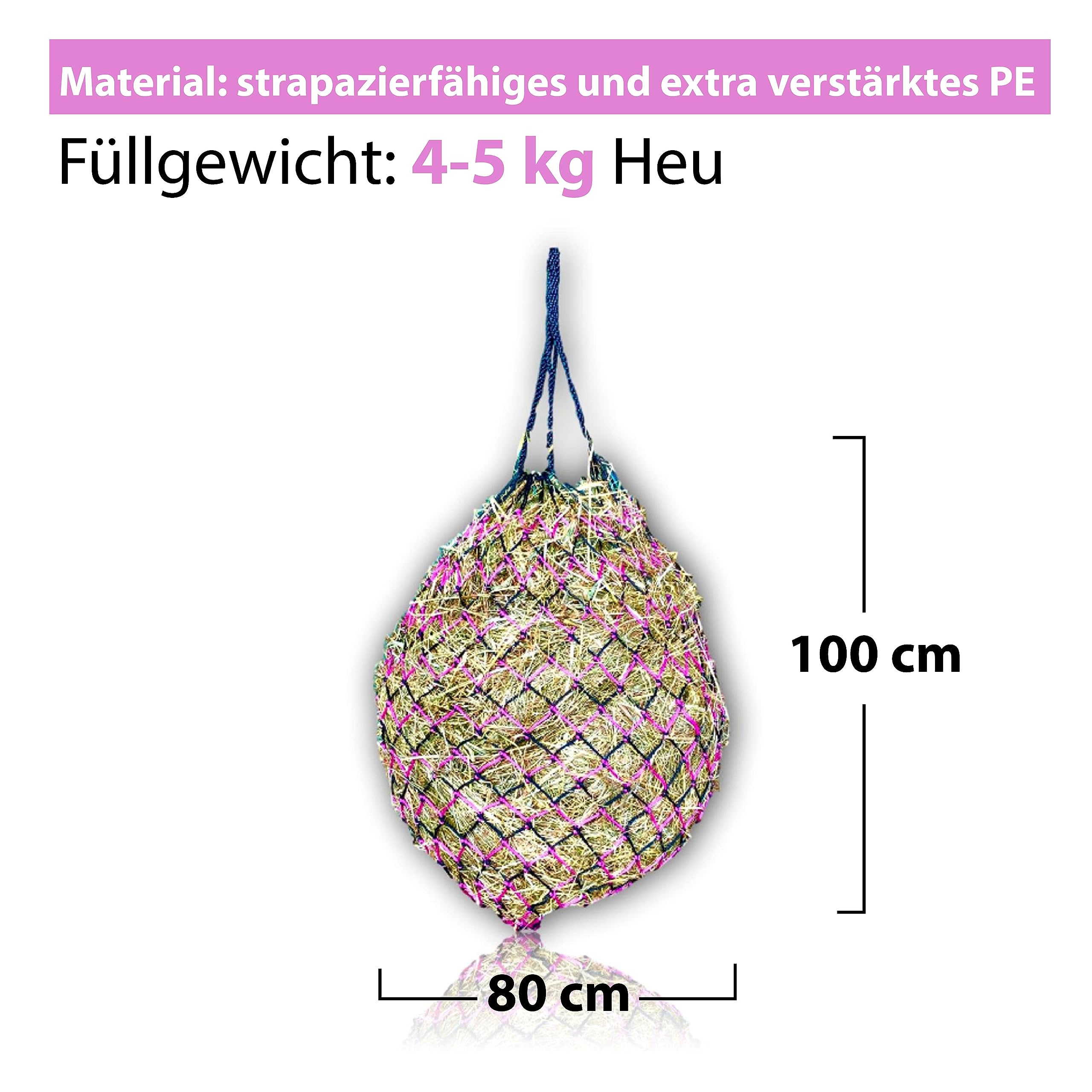 Extra großes Heunetz für Pferde 5 x 5 cm Maschen artgerechte Fütterung verbesserte Verdauung Heusack für unterwegs Futtersack für Ponys Jungpferde alte Pferde Ziegen (Schwarz-Pink, 2)