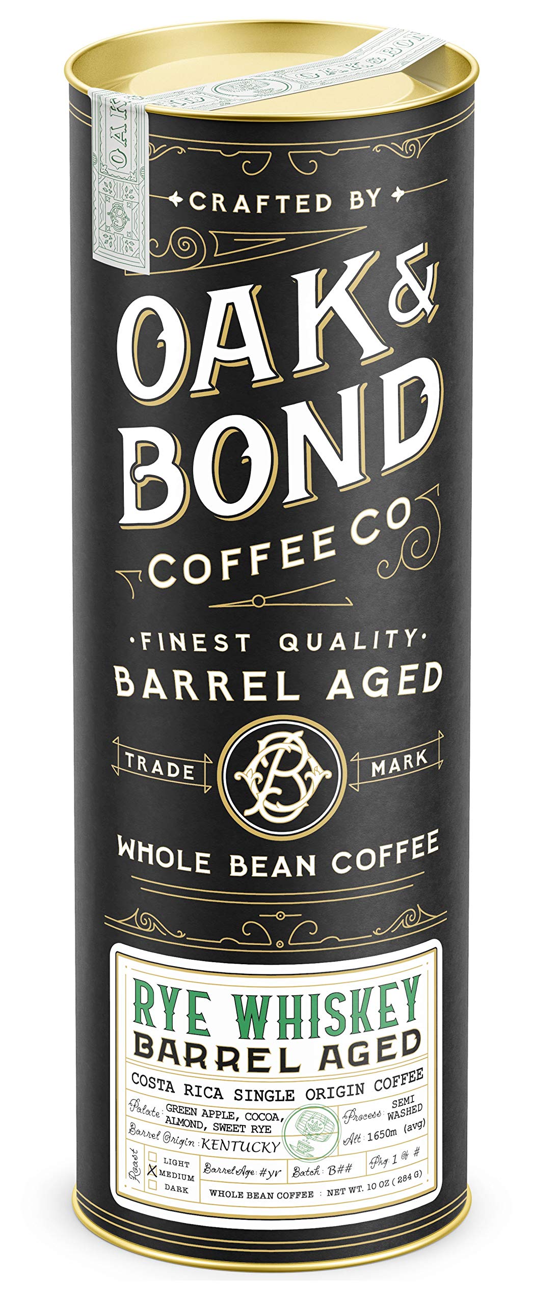 Rye Whiskey Barrel Aged Coffee, Costa Rica Single Origin Small Family Farm Whole Coffee Bean, Medium Roast w/Flavor Notes of Cocoa, Almond, Sweet Rye, Green Apple by Oak & Bond Coffee Co. – 10oz.