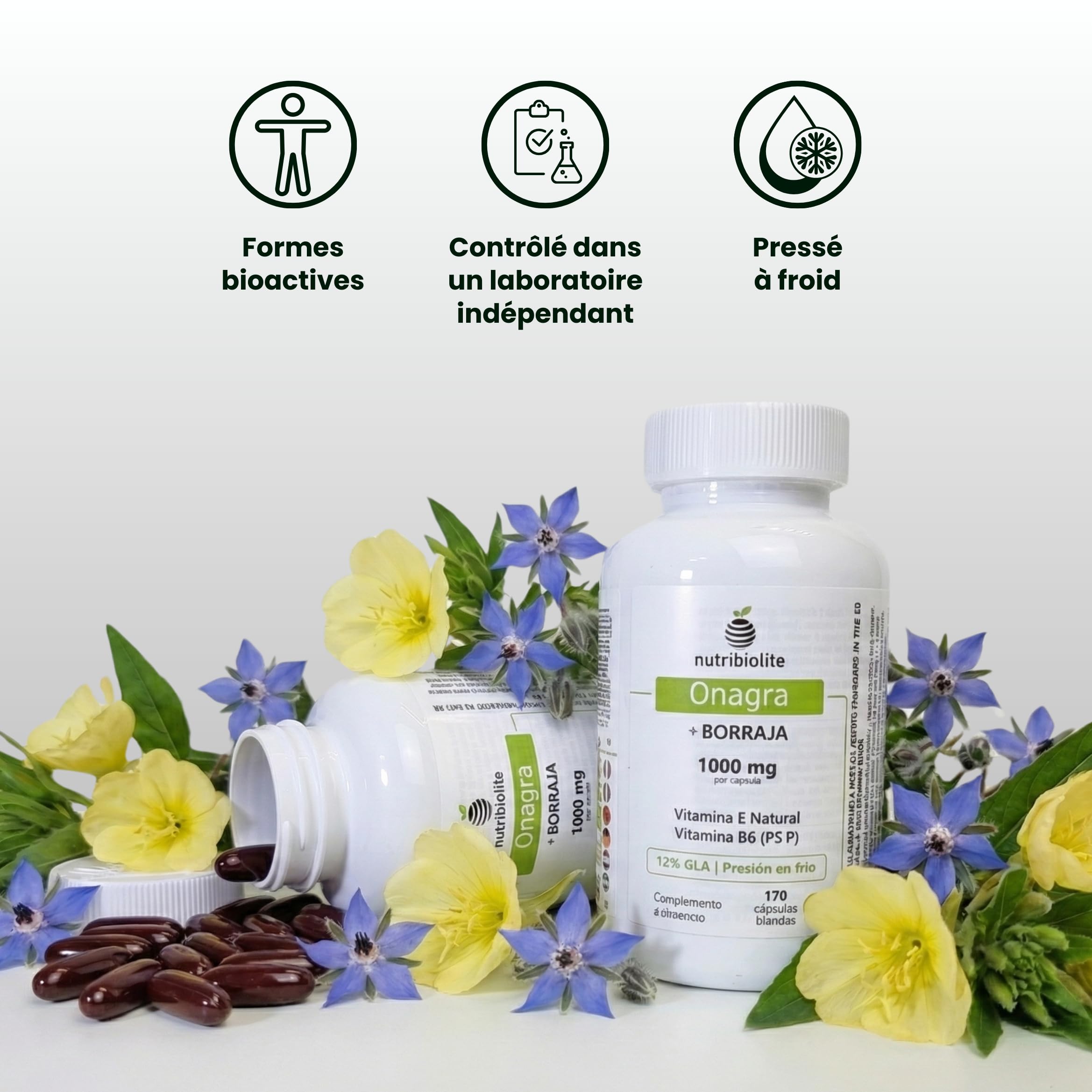 Huile d'Onagre et Bourrache - Pressées à Froid 1000 mg 12% de GLA - Vitamine B6 P5'P + Vitamine E Naturelle - Équilibre Hormonal, SPM, Ménopause et Santé de la Peau – 170 Perles | Nutribiolite