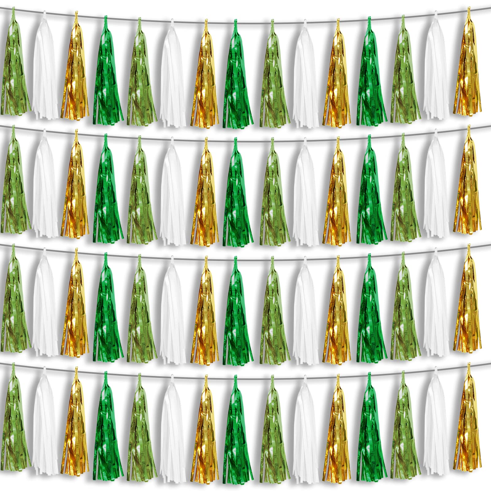 4P Sage-Green Beige-Mint Gold Foil Fringe Metallic Tassel Garland Banner, Tassels Banner Streamers for Parade Floats, Bachelorette, Wedding, Birthday, Christmas, Bridal/Baby Shower Party Decorations