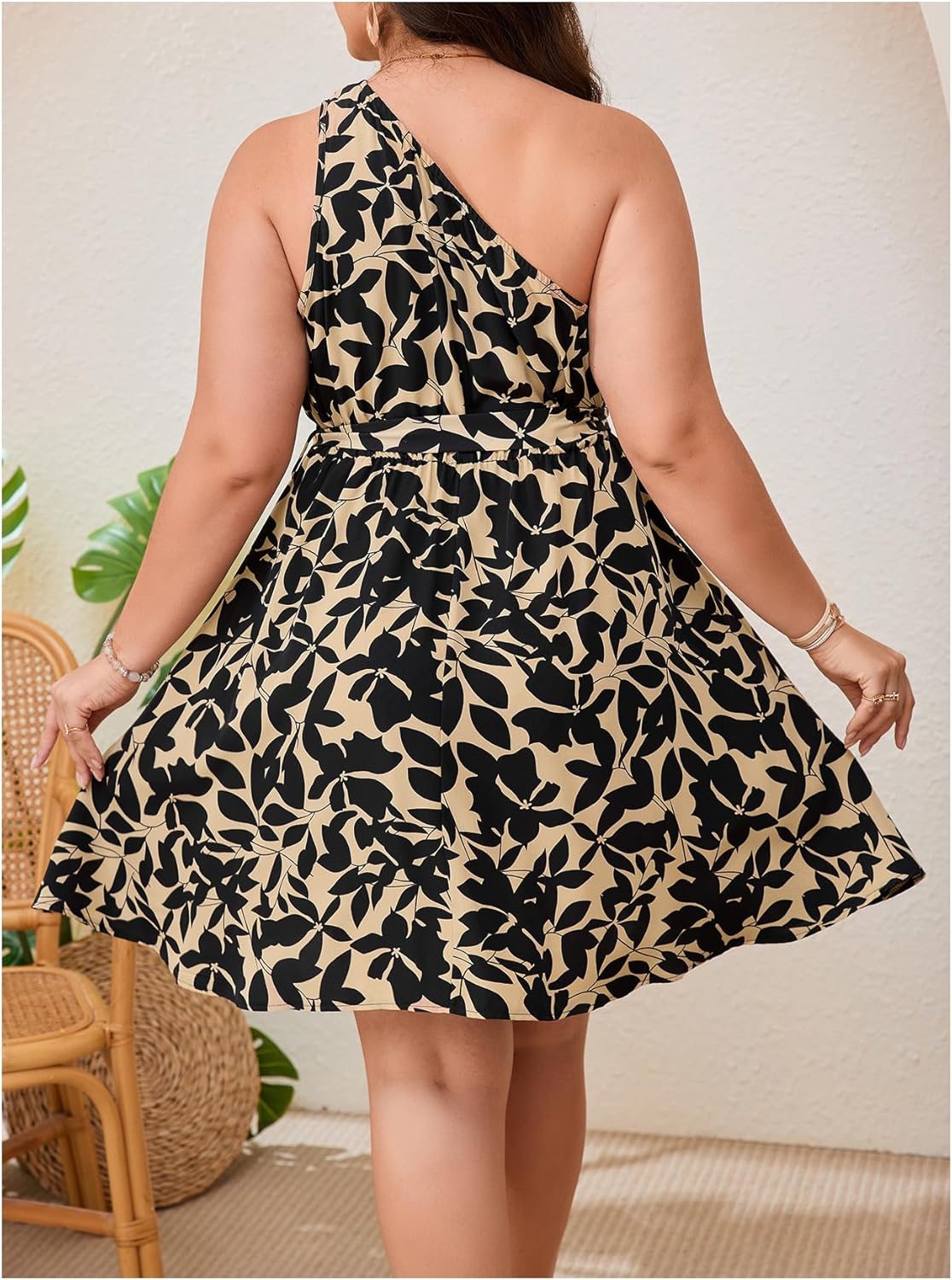 Floerns Women's Plus Size Summer Dress One Shoulder Floral Belt Vacation A Line Dresses - Image 2