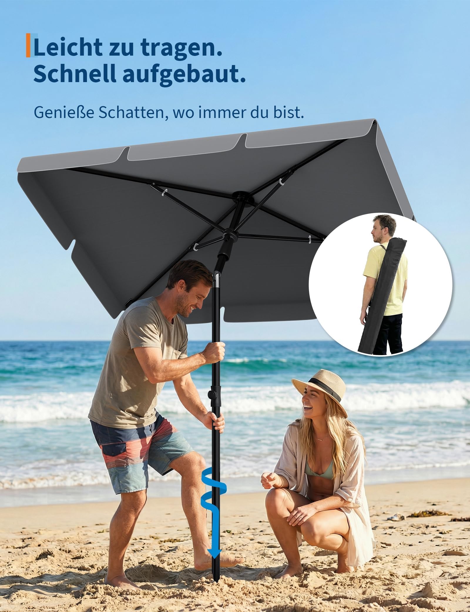 Kippbarer Sonnenschirm Rechteckig 200x125 cm Balkonschirm UPF 50+ Knickbar & Höhenverstellbar Windstabil Wetterfest Für Garten Terrasse Pool