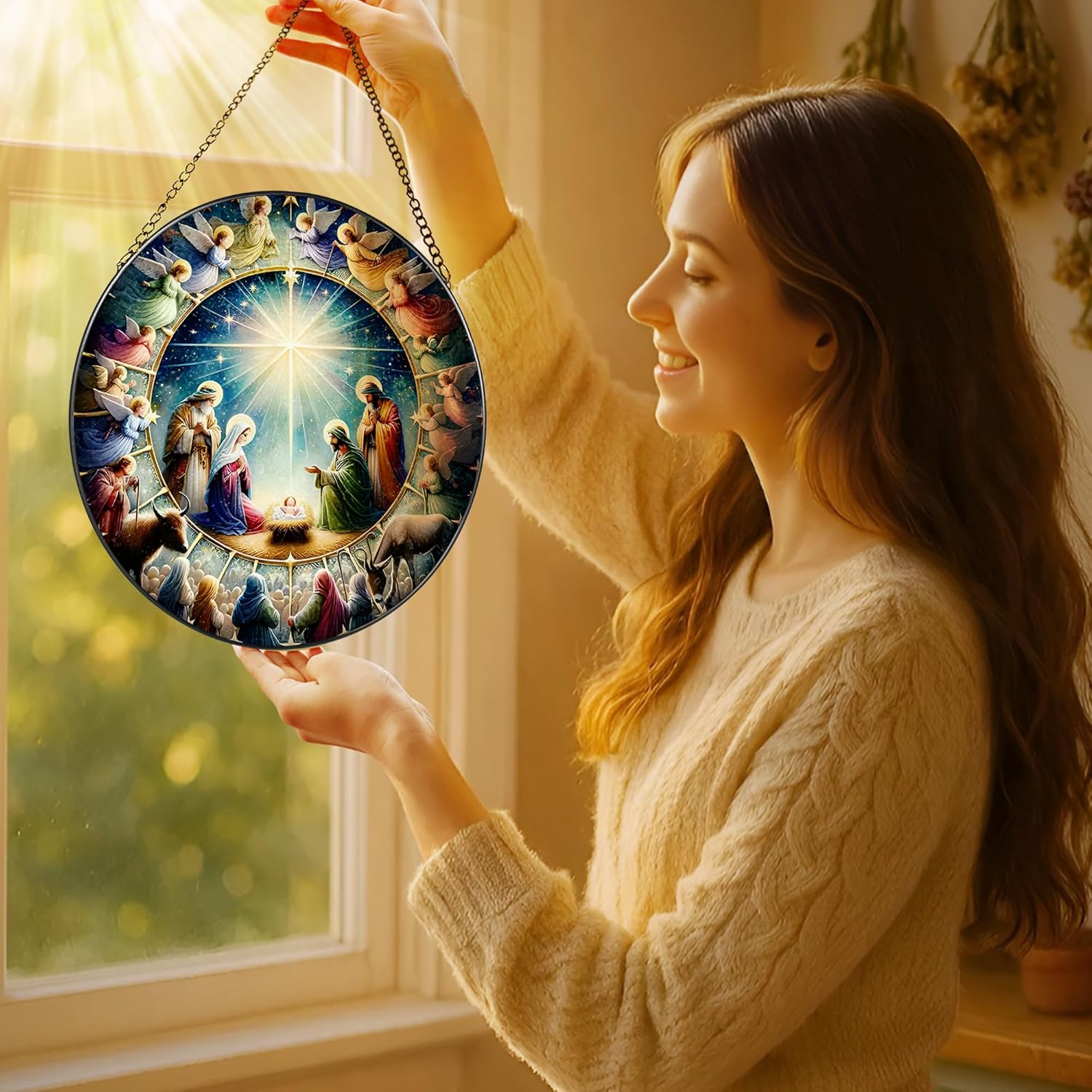 Stained Glass Window Hanging, LAOWEIKI 8'' Nativity Scene Suncatcher, Stained Glass Ornament, Window Decor, Outdoor or Indoor, Christian Gifts, Religious Gifts for Women - Image 2