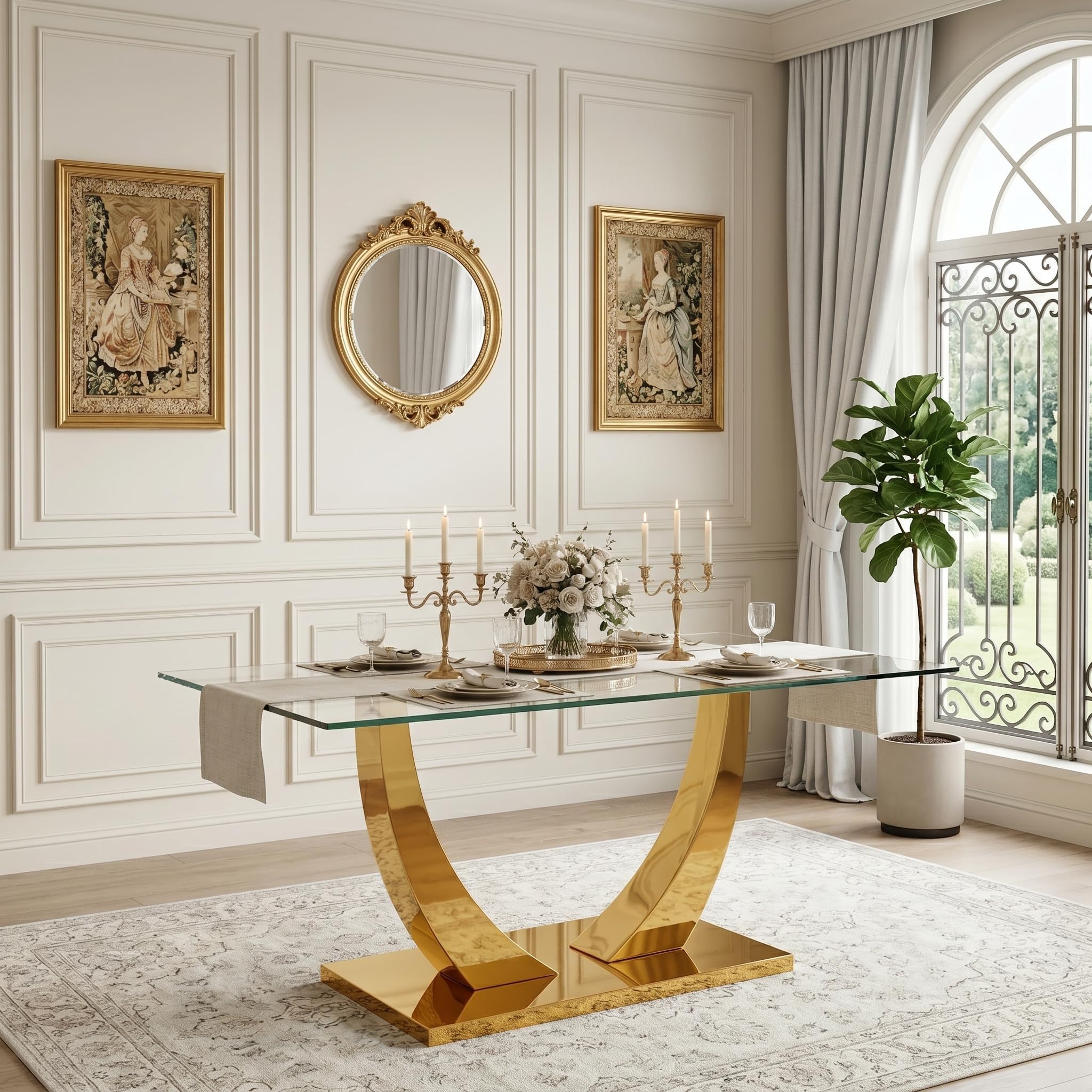 NYEESS 63” Glass Dining Table, Dining Room Table for 4-6, Gold Kitchen Table for Dining Room,0.4 Thickened Tempered Glass Top with Golden Rectangular Base