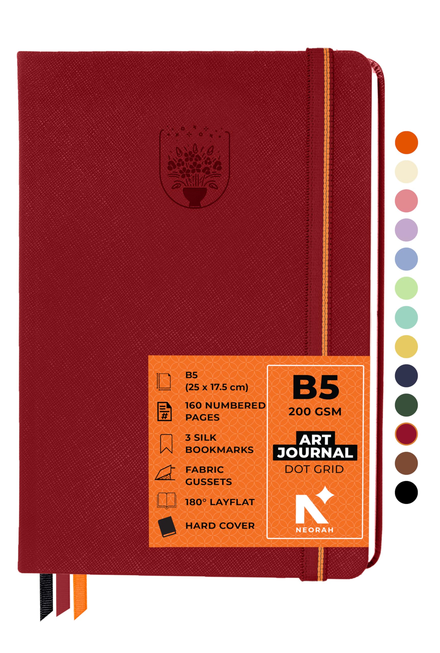 NEORAH – B5 – ART JOURNAL | 200Gsm Dotgrid Notebook |160 Pages(25.0 x 17.5 cm) | Lay Flat |Hard Cover Bullet - Journal |3 Bookmarks |Elastic Closure | Inner BackPocket | Ideal-Bujo,Sketchbook (RED)