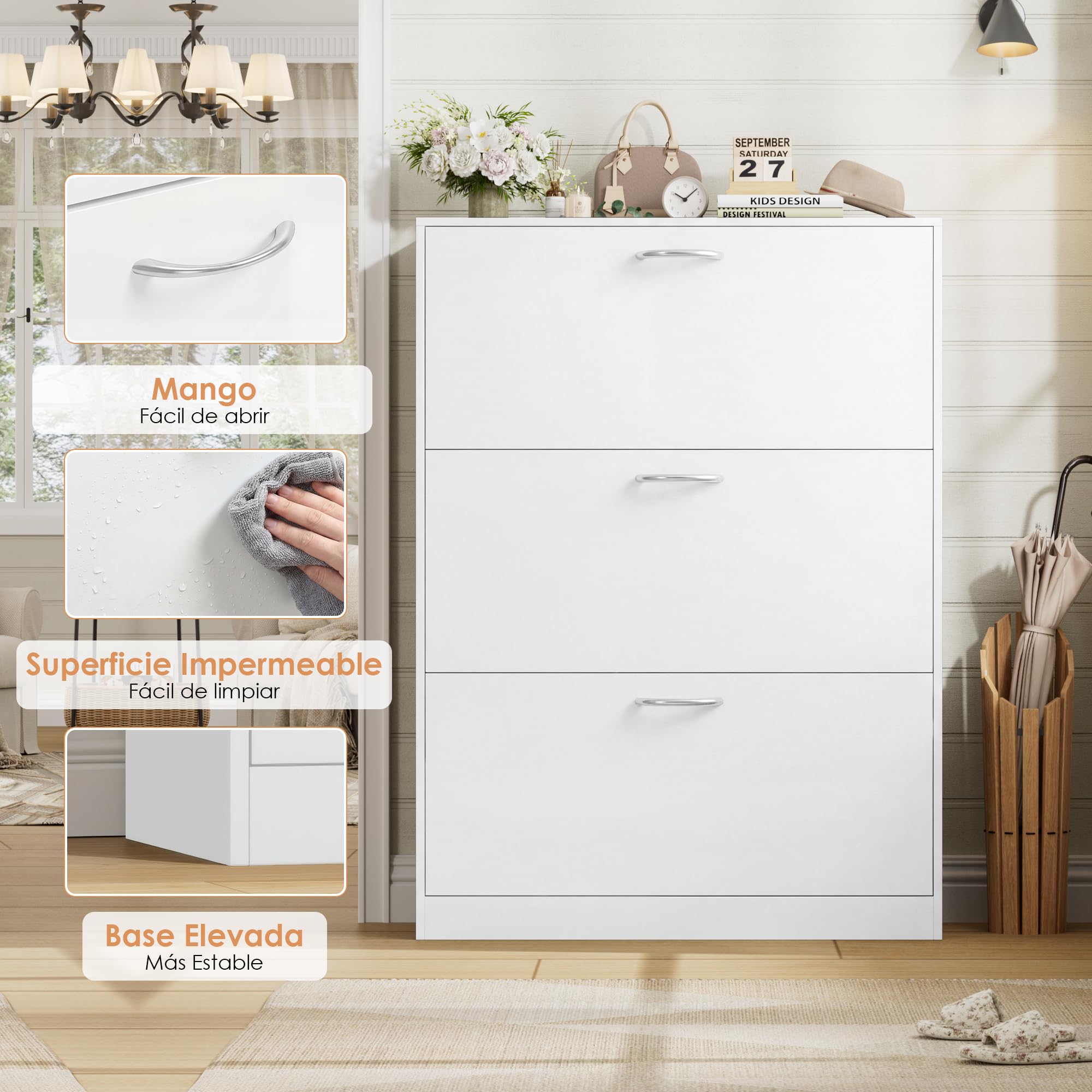 FirFurd Zapatero Entrada Recibidor, Zapateros Blanco, Mueble Zapatero con 3 Puertas, Zapateros Estrechos y Altos, Armario Organizador de Zapatos para Entrada, Pasillo, Moderno, 80x23.7x108cm