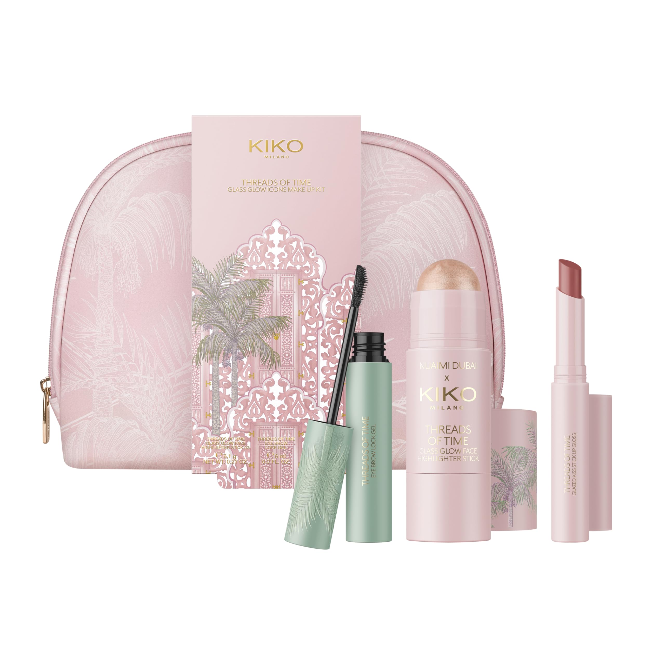 KIKO Milano Threads Of Time Glass Glow Icons Make Up Kit, Kit De Maquillaje De Regalo: Iluminador En Stick, Cera Para Cejas Y Brillo En Stick
