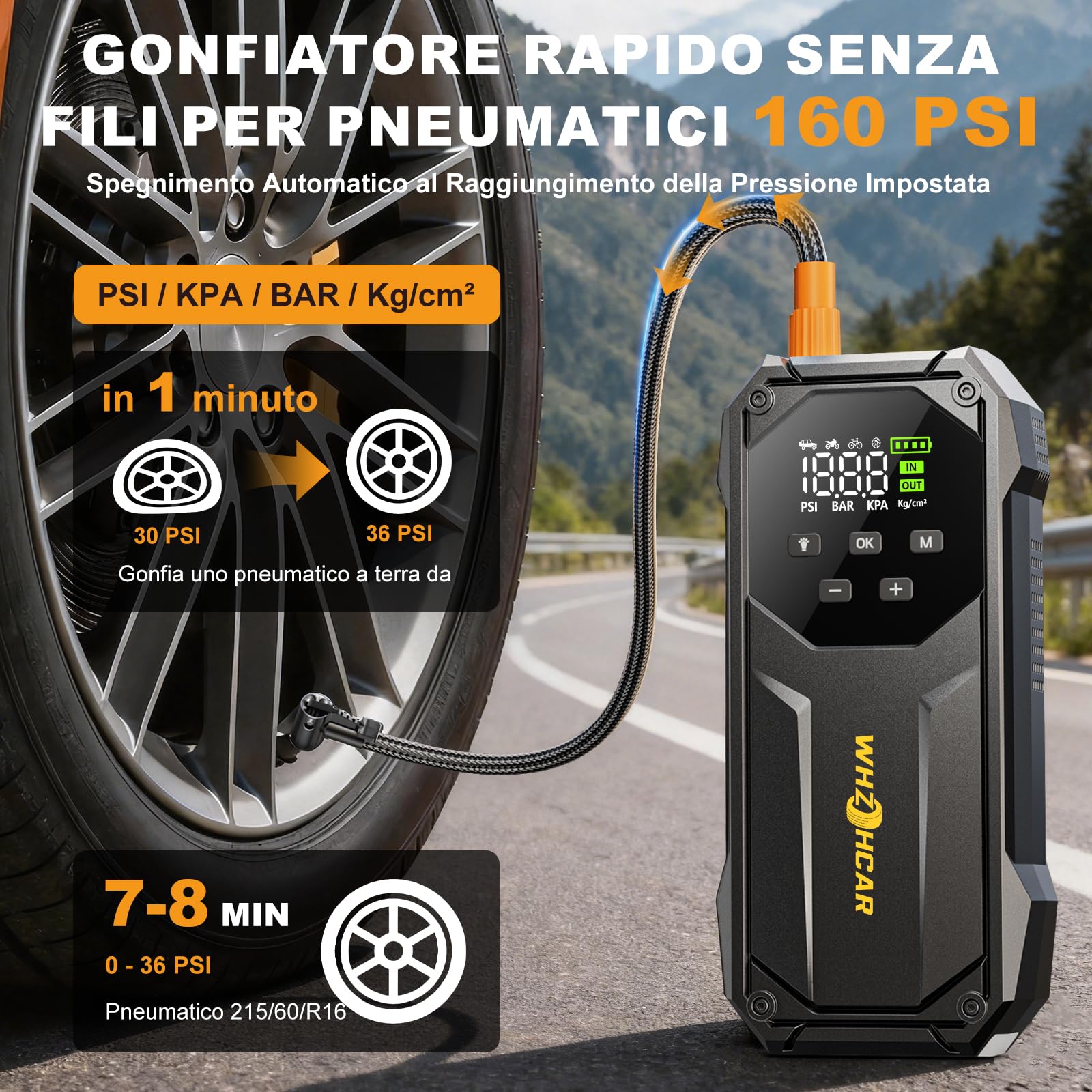 Avviatore Batteria auto 160PSI 9000A Booster Avviamento | WHZOHCAR Avviatore Emergenza per Auto 12V（Tutti Gas /12L Diesel） Jump Starter con Ricarica Rapida Torcia 600 Lumen LED