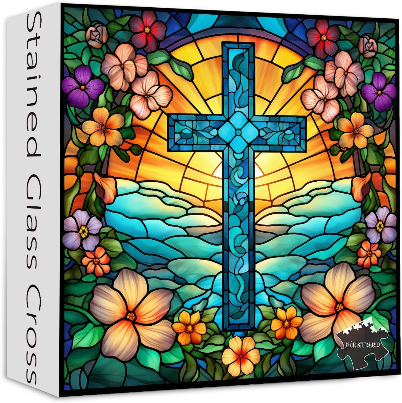 Cross Stained Glass Jigsaw Puzzles for Adults, 1000+ Pieces, PICKFORU Christian Puzzles with Colourful Flowers, Religious Puzzle as Unique Gifts