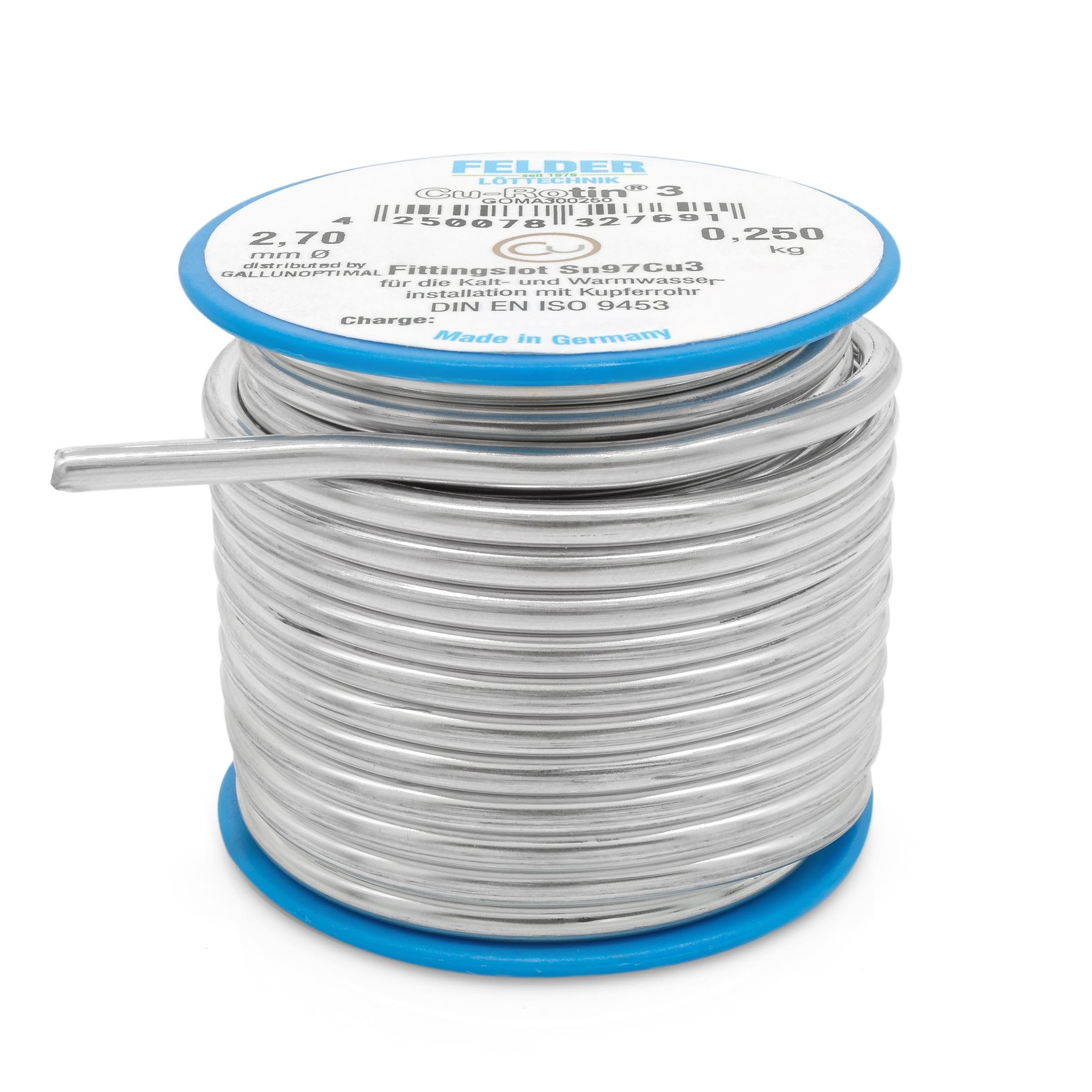 by FELDER Fittingslot Cu-Rotin 3 | Ø 2,7 mm | zum Weichlöten von Kupferrohren in der Trinkwasser- und Heizungsinstallation | Sn97Cu3 | Schmelzbereich 230-250°C | 250 g Spule
