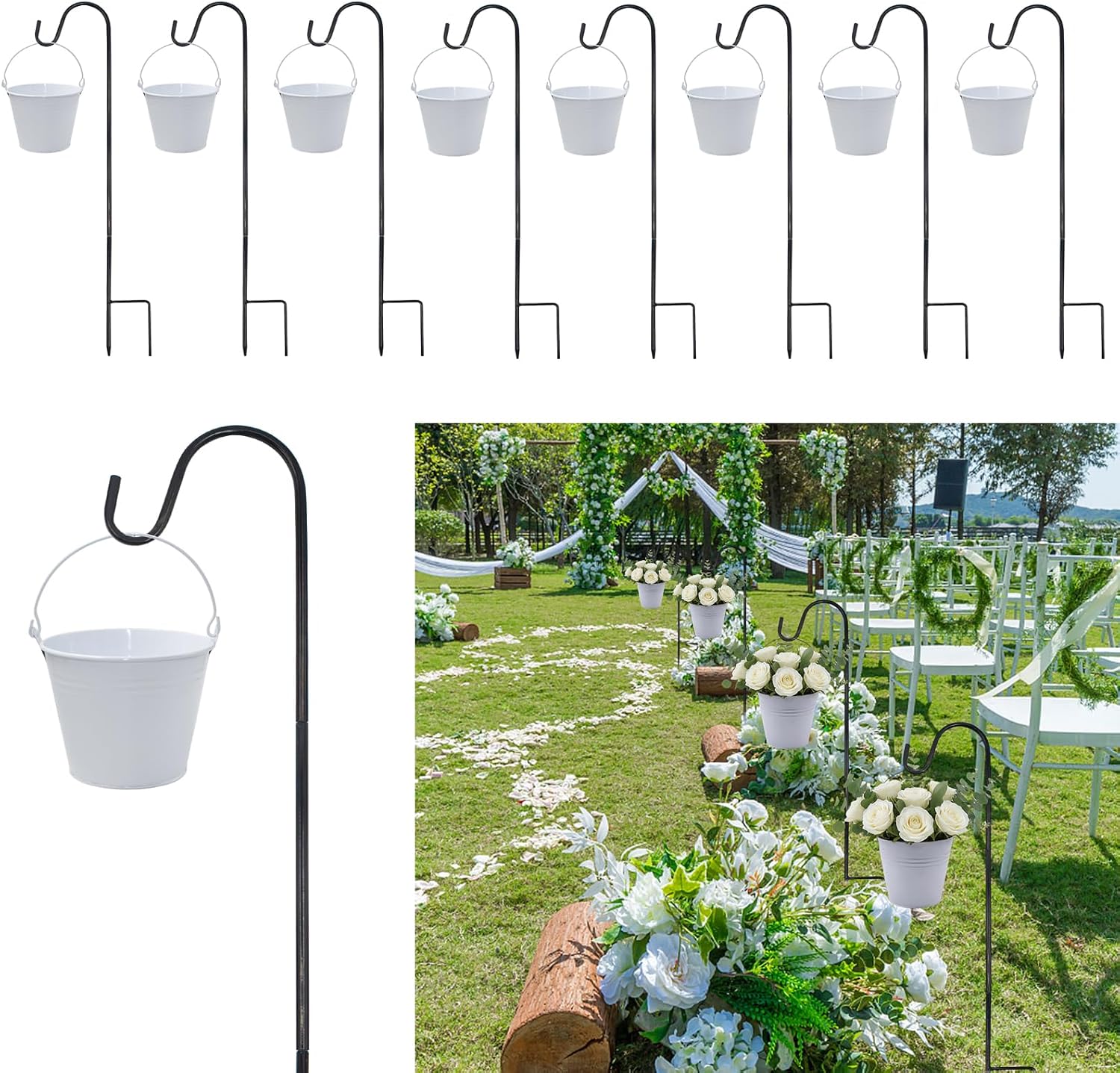8 Set Wedding Aisle Decoration Include 8 Pcs White Hanging Tin Buckets and 8 Pcs 32'' High Shepherds Hooks, Elegant Outdoor Decoration for Wedding Ceremony Birthday Party (Flowers Not Included)