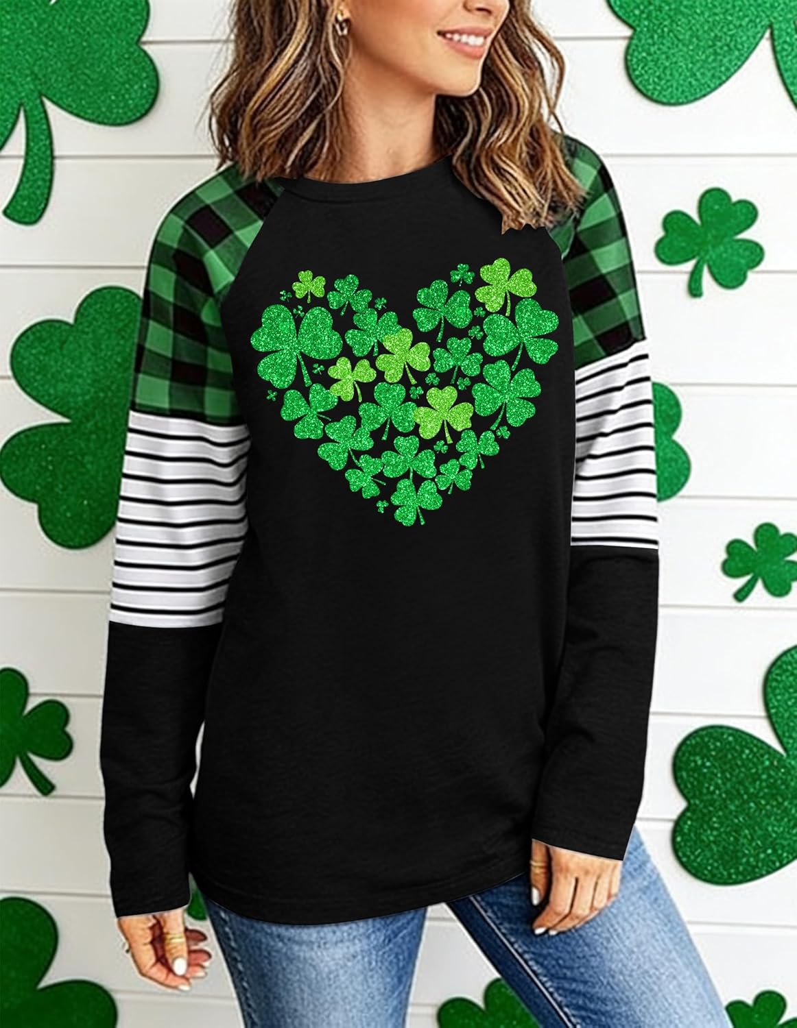 Women's St. Patrick's Day Shirt: Shamrock Heart T Shirts Lucky Tops Plaid Raglan Long Sleeve Tshirt - Image 3