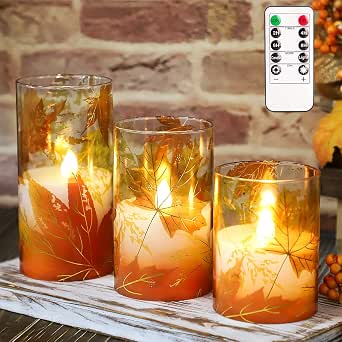 Fall Decor Flameless Candles with Maple Leaves - Set of 3 Glass Realistic LED Flickering Wax Pillar Candles with Remote, Battery Operated