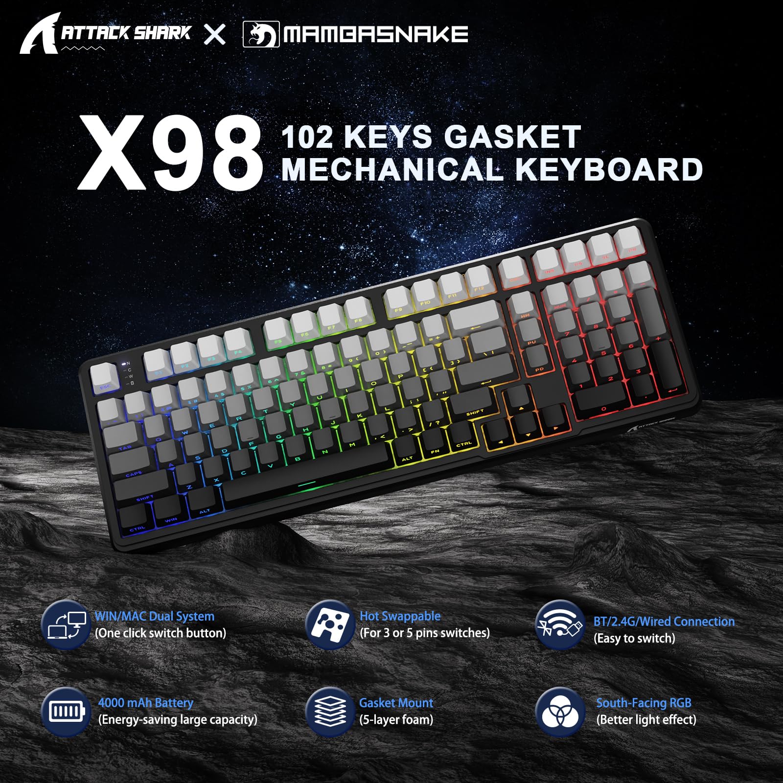 MAMBASNAKE x Attack Shark X98 bezprzewodowa mechaniczna klawiatura do gier Gasket 102 klawisze z kablem spiralnym, 2,4 G/BT/USB-C, wymienny przełącznik liniowy, RGB, NKRO (czarny gradient)