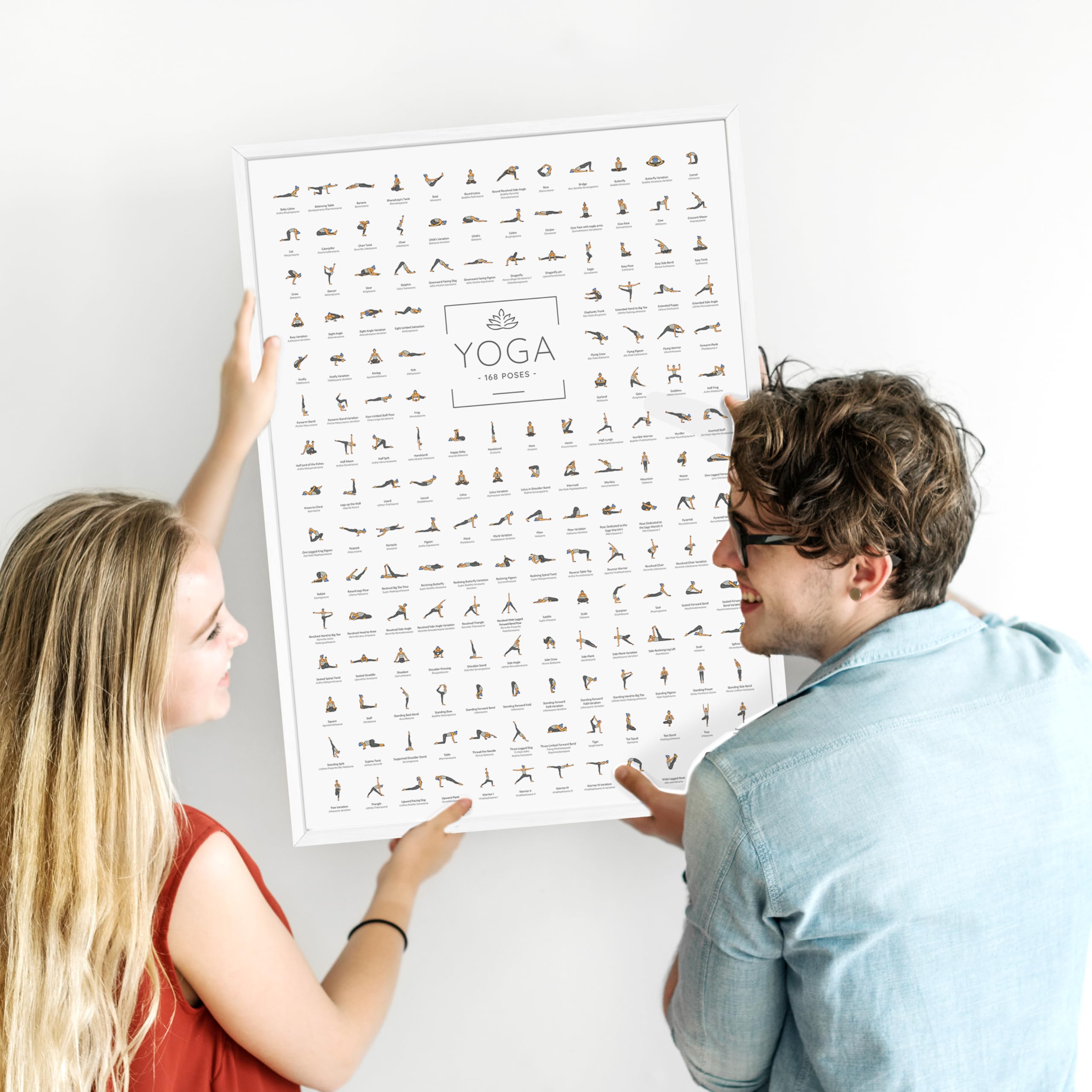 JUNOMI® Yoga Poster DIN A2 Rahmen Weiß | 168 Asanas, Yoga Übungen | Wanddeko für Yogastudio, Übungsraum und Zuhause, alle Posen alphabetisch von Baby Cobra bis Wild Thing