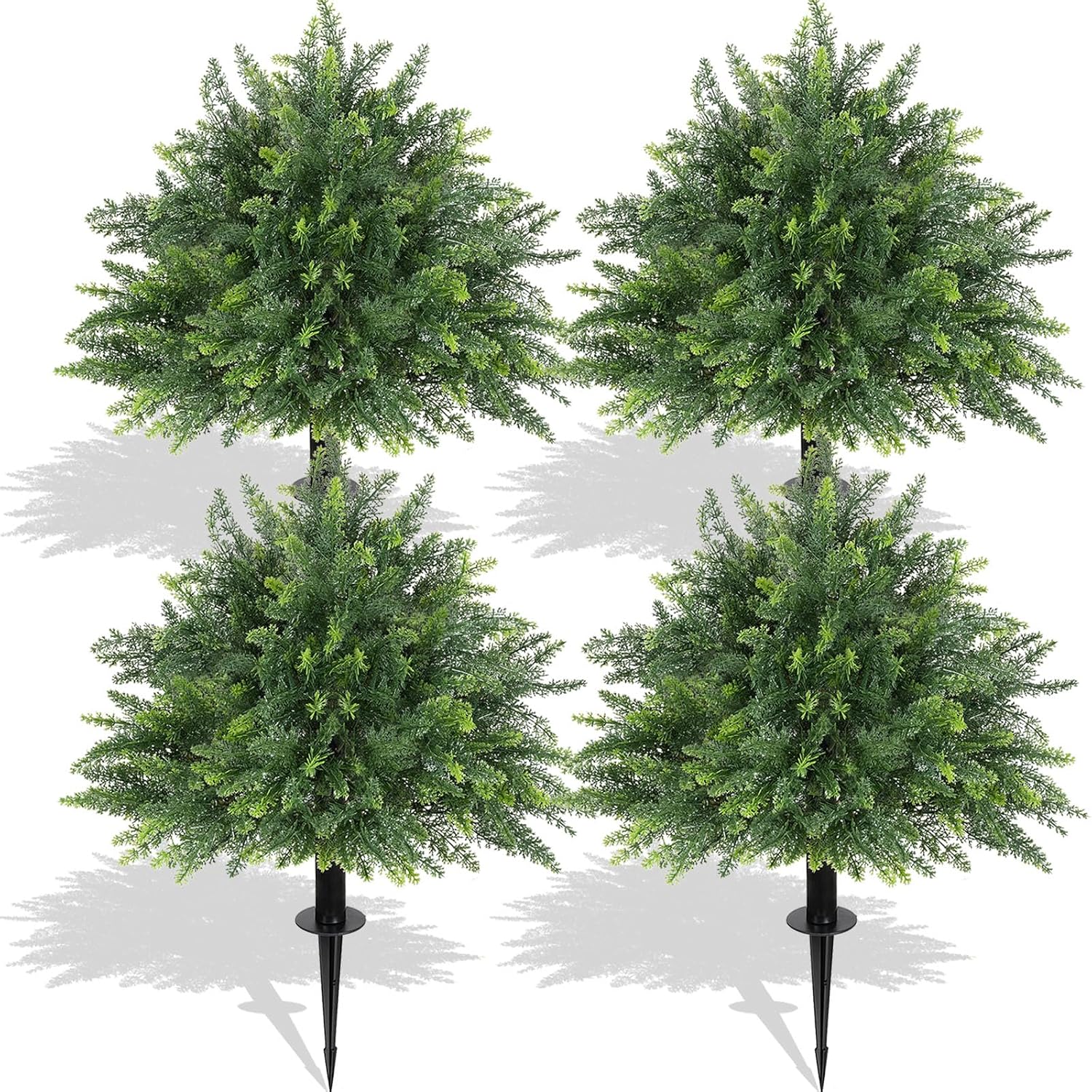 24.5" Artificial Trees for Outdoors, Set of 4 Cedar Topiary Trees Artificial Outdoor with Ground Spike, UV Resistant Faux Cypress Pine Shrubs, Fake Evergreen Plants for Front Porch, Garden, Indoor