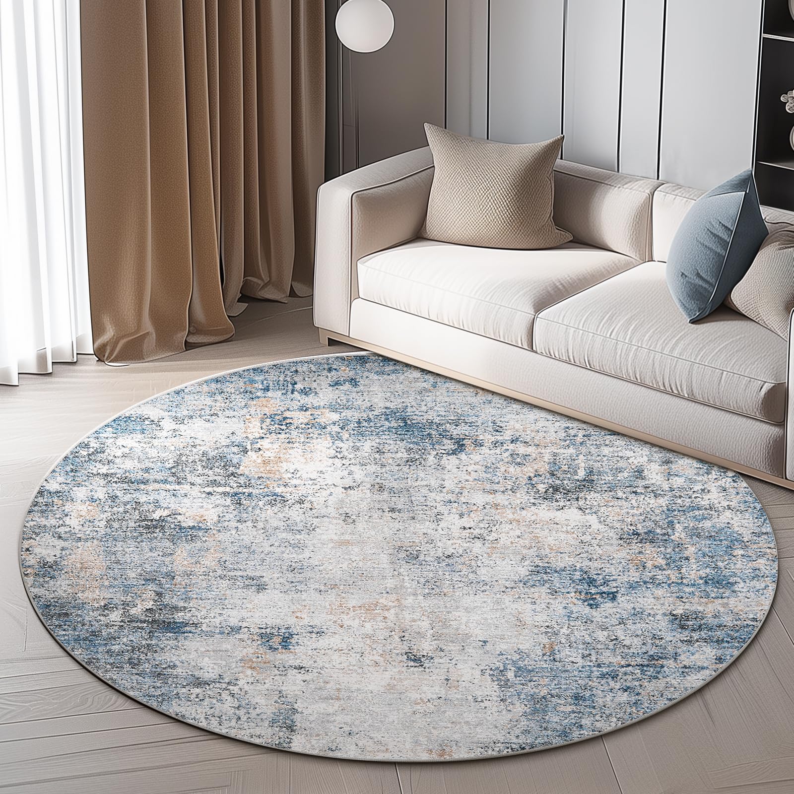 jinchan Round Rug 7ft Modern Area Rug 7' Round Circle Mat Washable Abstract Distressed Floor Cover Blue Multi Contemporary Non-Slip Overdyed Thin