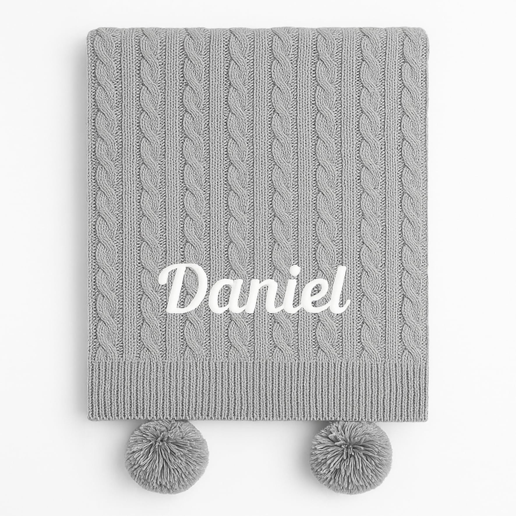 Baby Boy Girl Personalised Cable Knit Pom Pom Blanket Embroidered Name (Grey)