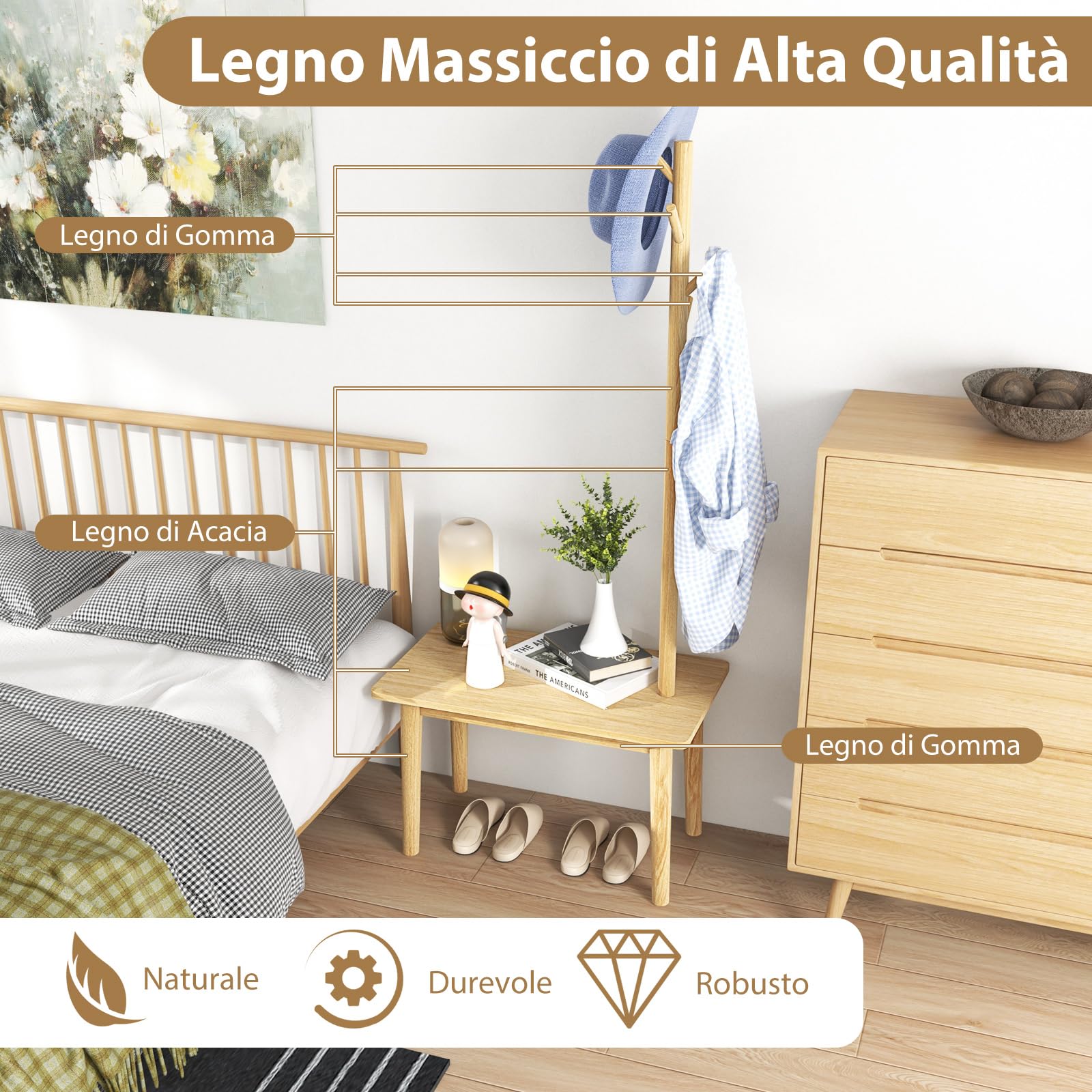 COSTWAY Appendiabiti in Legno con Tavolino, 2 in 1 Appendiabiti con Panca per Scarpe, 3 Ganci per Cappelli, Borse e Giacche, Attaccapanni per Camera Salotto Corridoio, Carico 140 kg (Naturale)