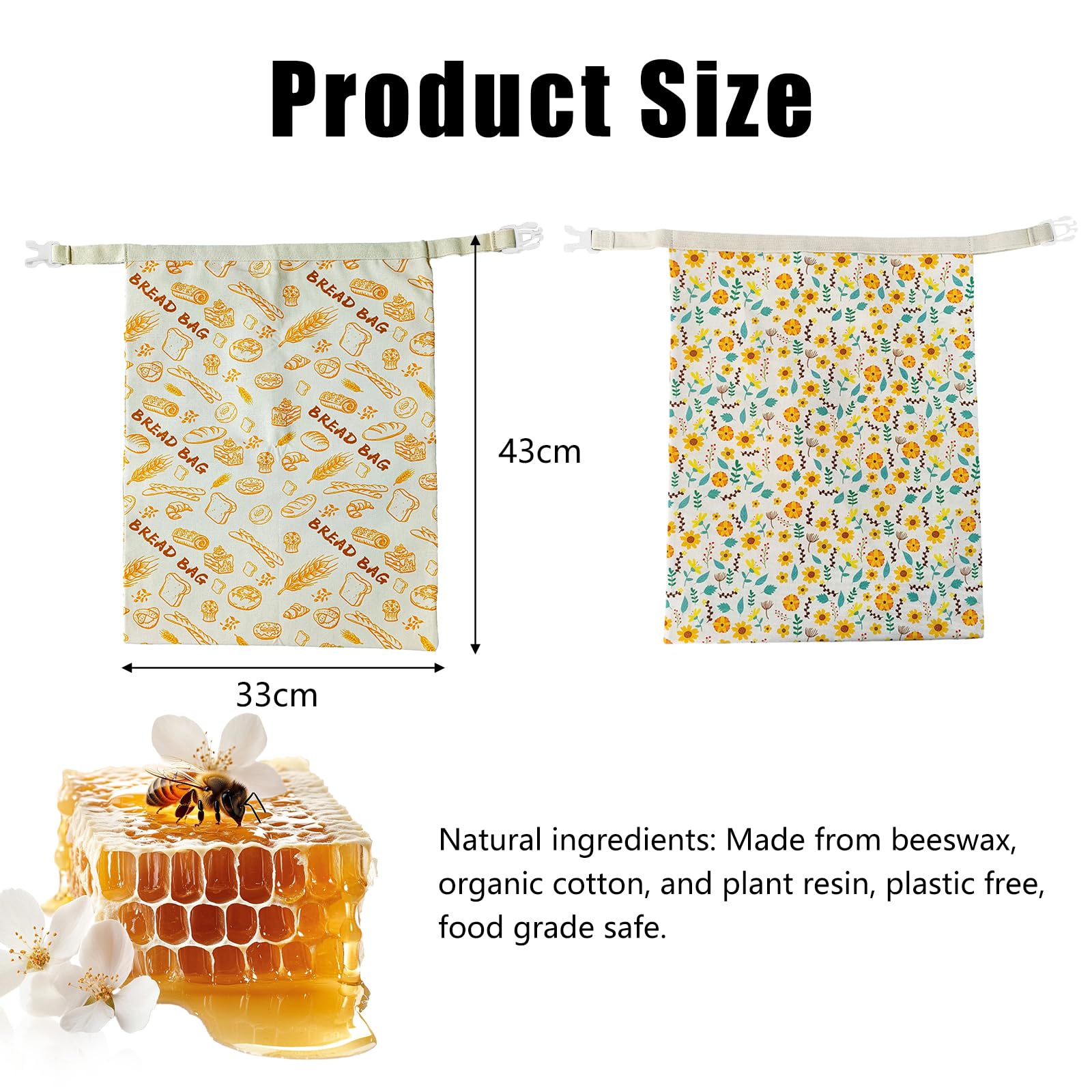 Set di 2 Sacchetti per Pane in Cera d'Api (42x33cm), Sacchetto Porta Pane in Cotone con Chiusura a Fibbia, Contenitore Riutilizzabile per Conservazione Pane a Lievito Madre, 2 Fantasie