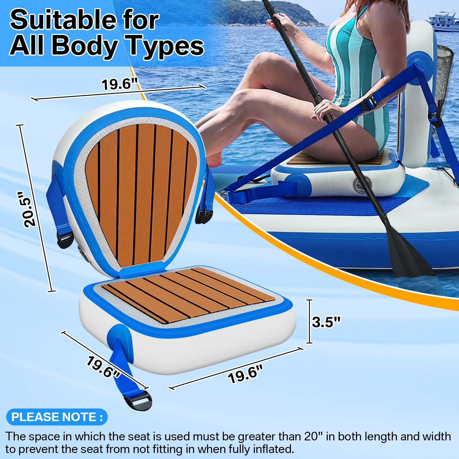 Aufblasbarer Kajaksitz mit Rückenstütze, universeller stabiler Paddelboard-Sitze zum Sitzen oben, verstellbarer aufblasbarer Sitz mit Aufblasdüse für Kajakfahren, Kanu, Rafting