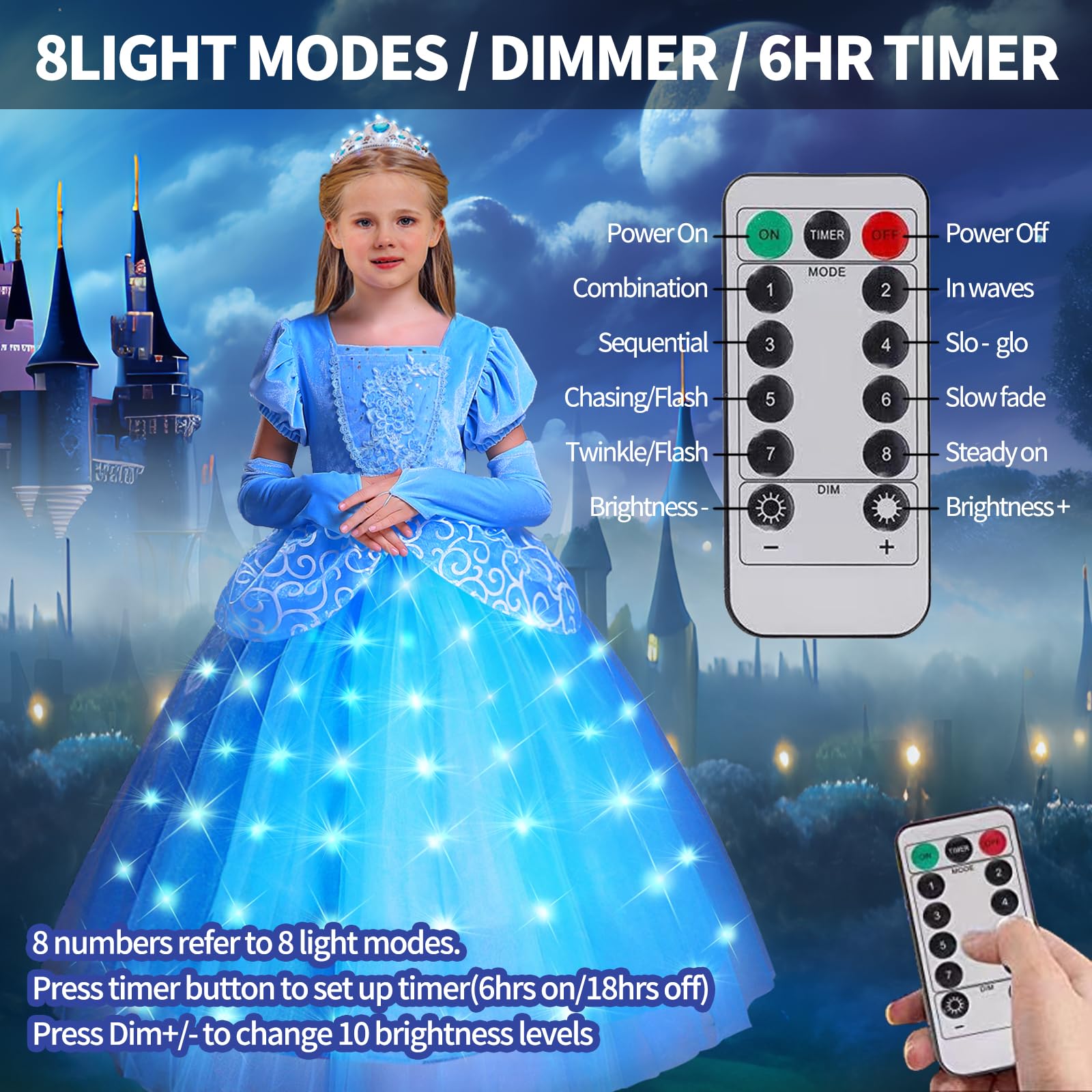 VIPten Light Up Princess Dress Girls Toddler Blue Princess Costume Children's Halloween Cosplay Princess Dress (Blue, 3-4 Years) - Image 3