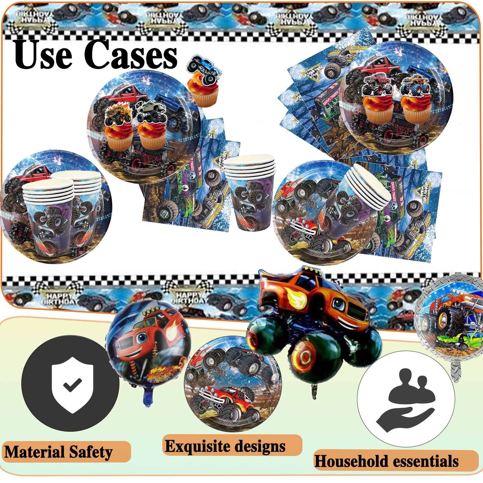 88 Pezzi Monster Truk Stoviglie per Feste di Compleanno，Addobbi Compleanno Cars，Cars Tovaglioli, Monster Truk Tovaglia, Piatti di Carta，Adatto a 10 persone