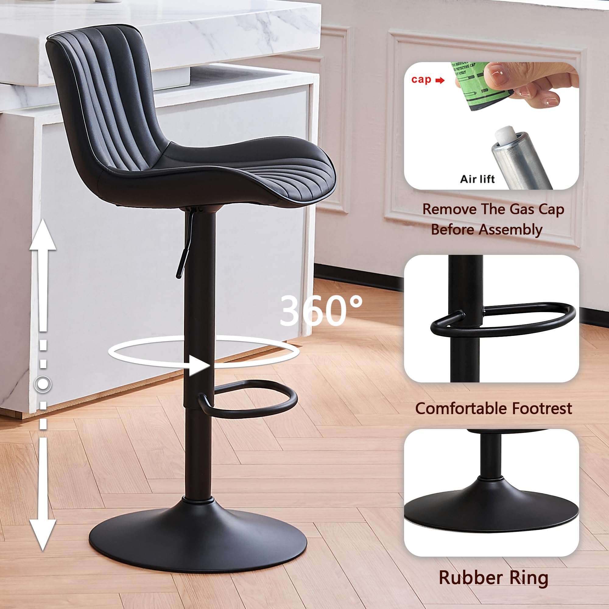 Kidol & Shellder Bar Stools Set of 2 Black High Back Barstools Counter