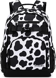 Cute Cow Print Backpack for School Bookbag Kids Kindergarten Elementary Backpacks for Girls ages 6-8-10 (Black Cow Print)