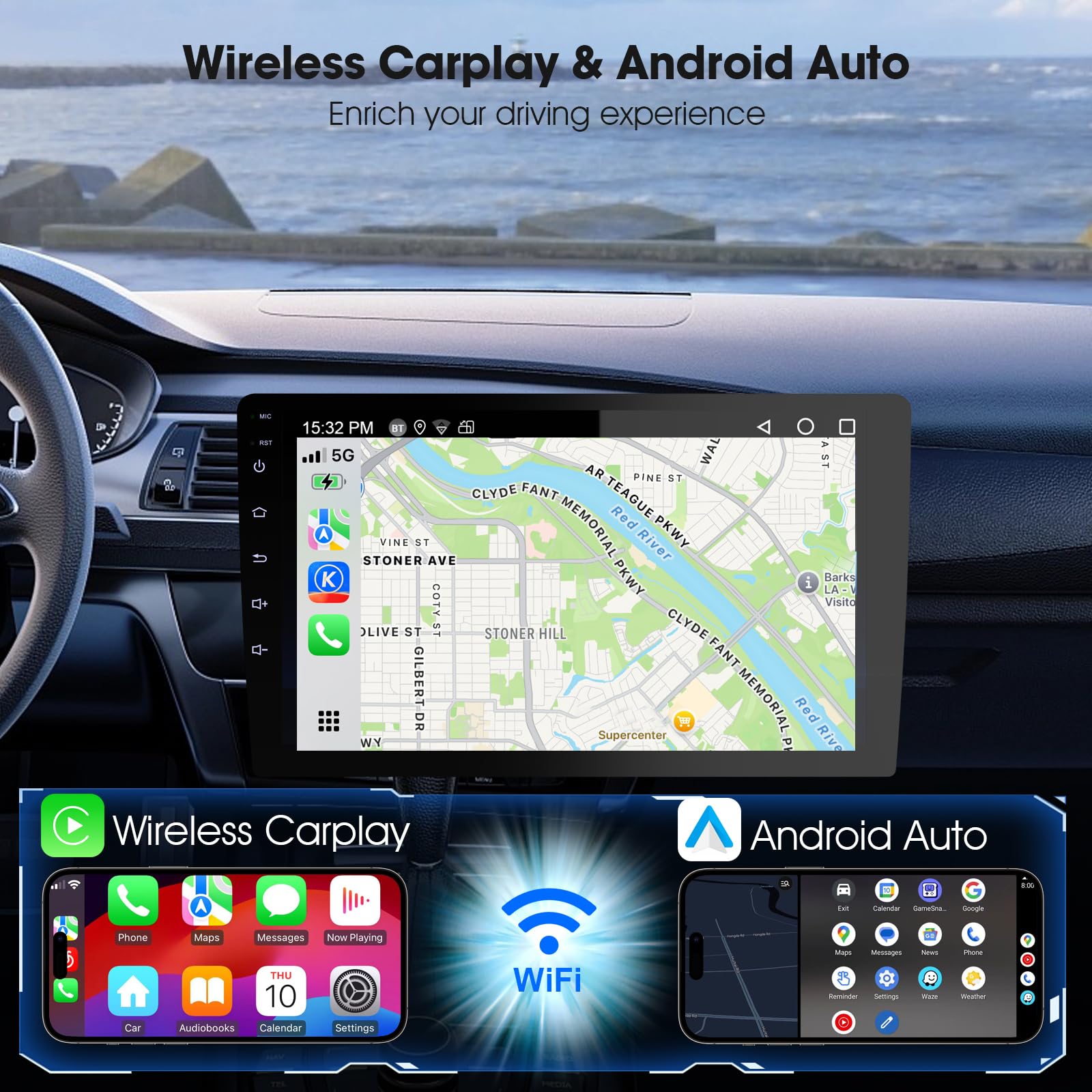 9" Wireless Double Din Car Stereo,Apple Carplay an Android Auto 8 cores Radio Screen,Support Mirror Link,Bluetooth 5.0,FM/AM,Aux Input Car Audio Receivers,2 Din Autoradio with Backup Camera