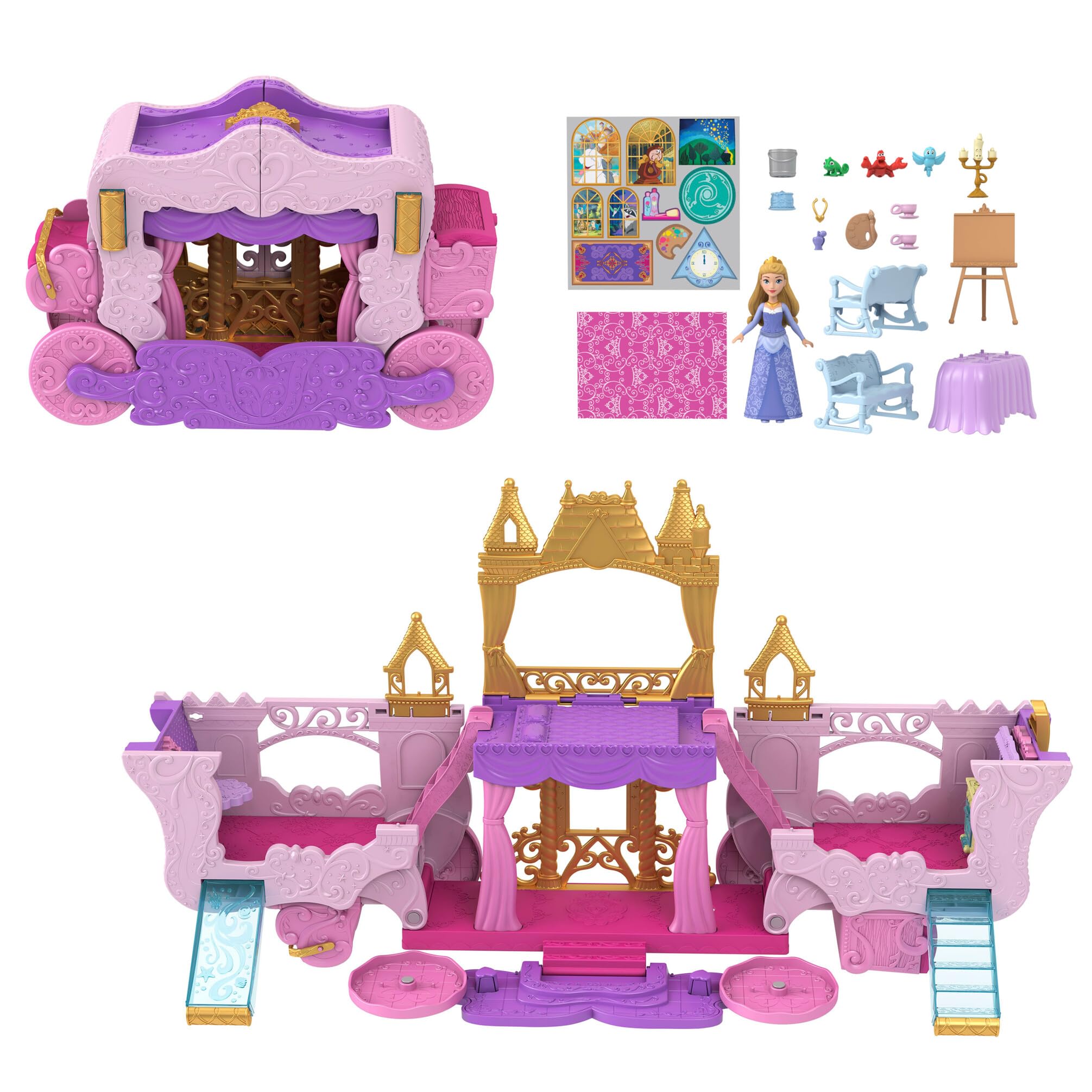 Mattel Disney Princess Carriage to Castle Transforming Playset with Aurora Small Doll, 3 Levels, 6 Play Areas, 4 Figures, Furniture & Accessories, HWX17 — image 1